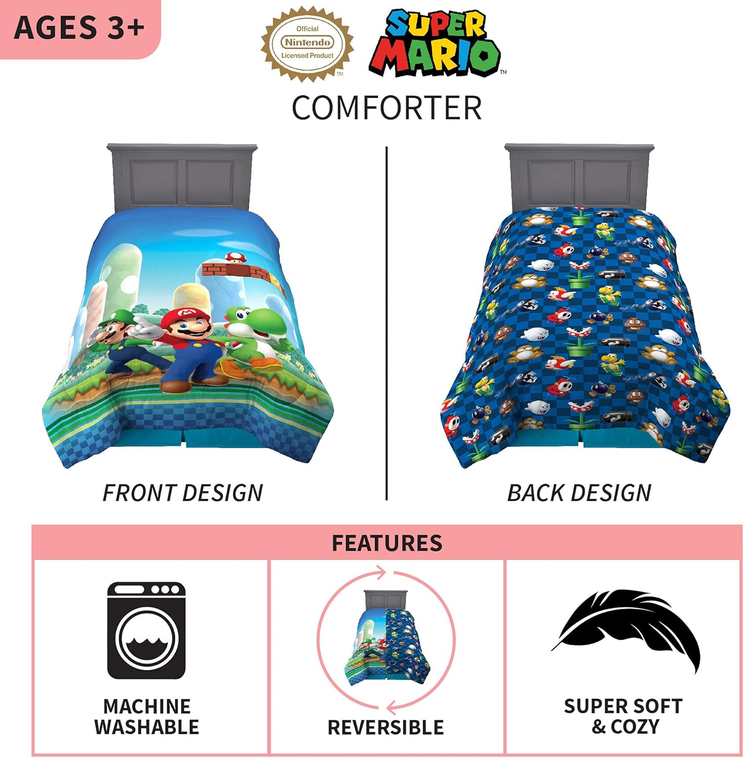 Franco Kids Bedding Super Soft Microfiber Reversible Comforter Twin Full Mario