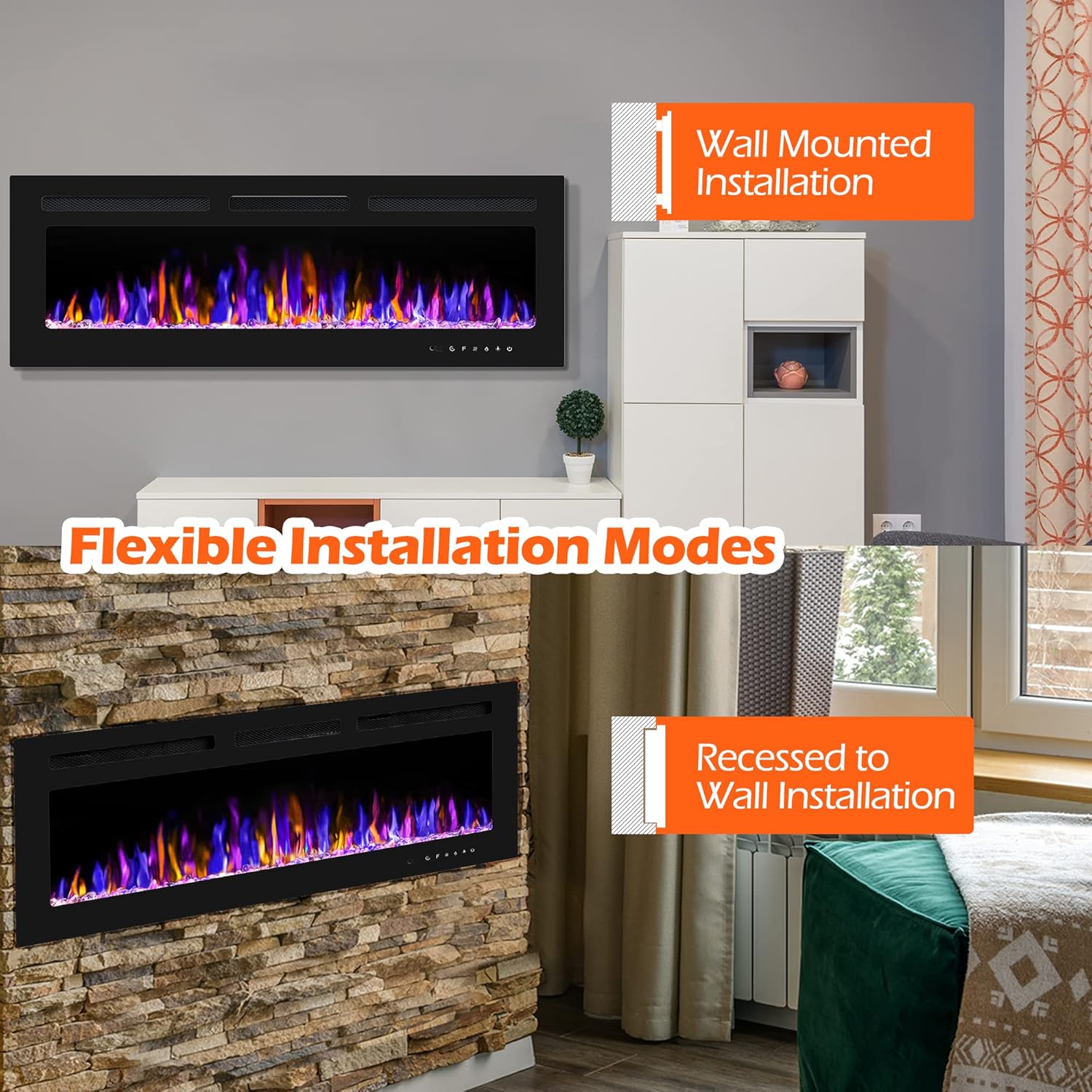 50 Inch Electric Fireplace With Remote Control and Crystal Logs