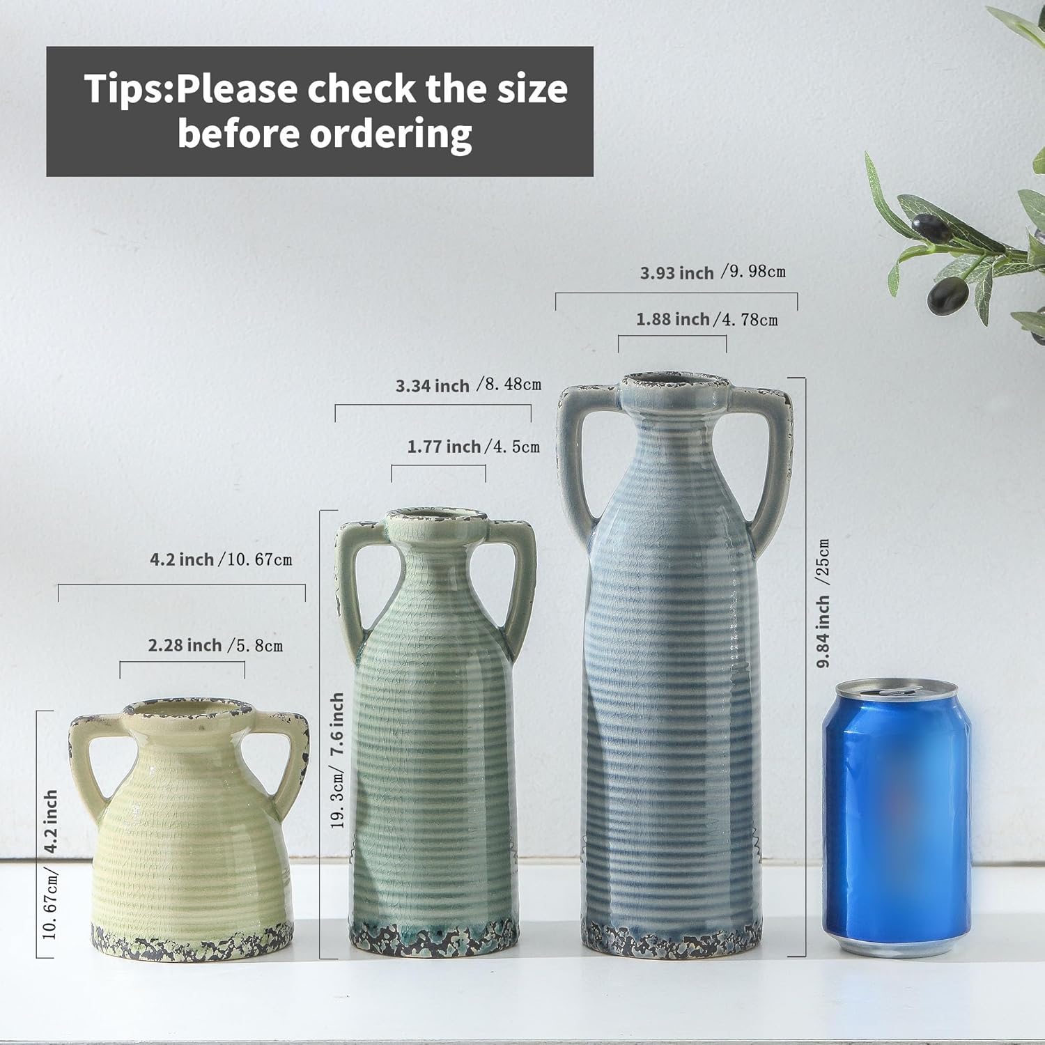 Lyeec Ceramic Vase Set of 3 with Handles