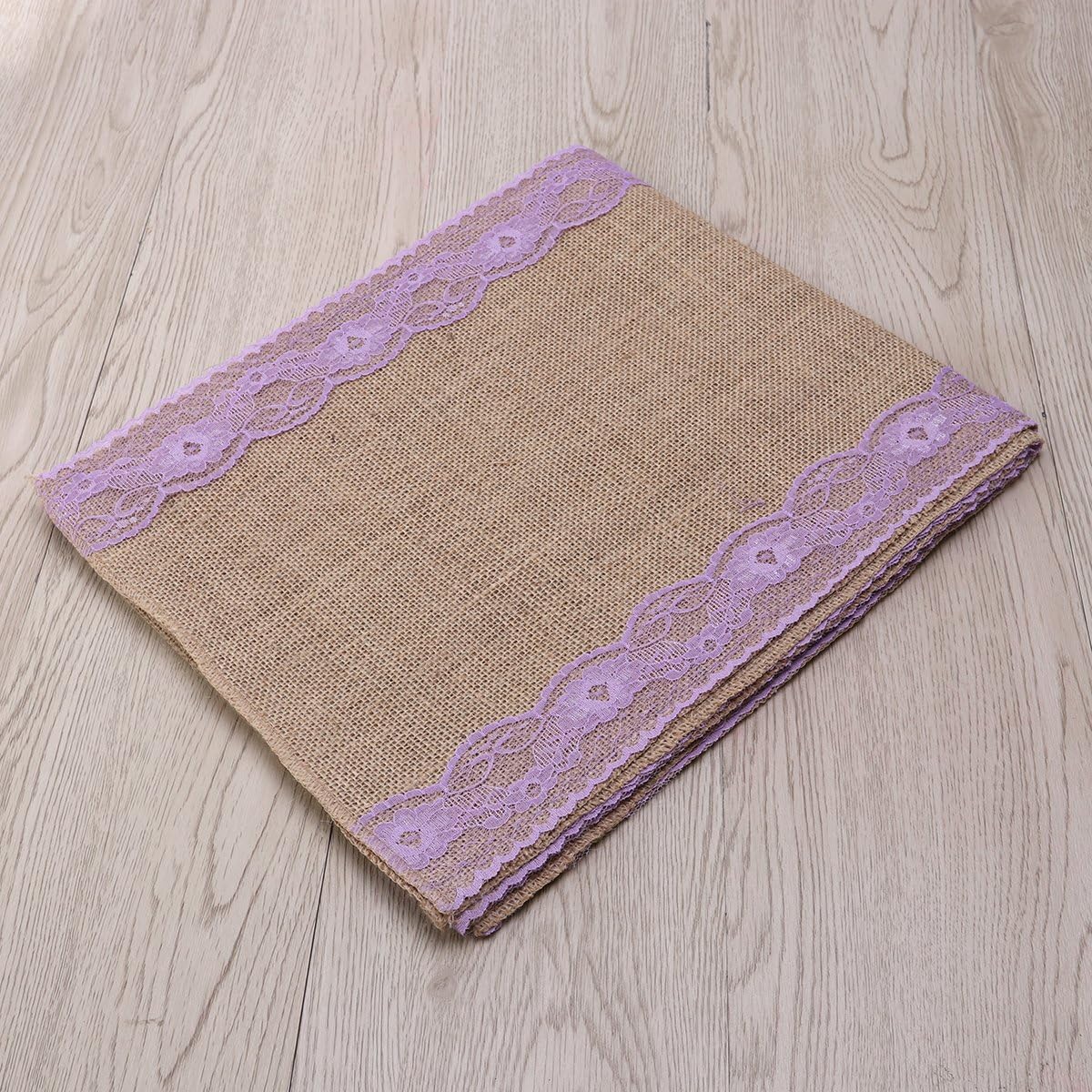 Rustic Brown Linen Table Runner with Purple Lace Design