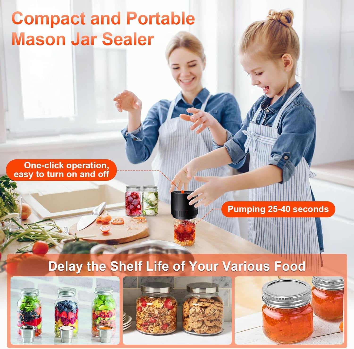 Mason Jar Vacuum Sealer - Rechargeable with 2000mAh Battery