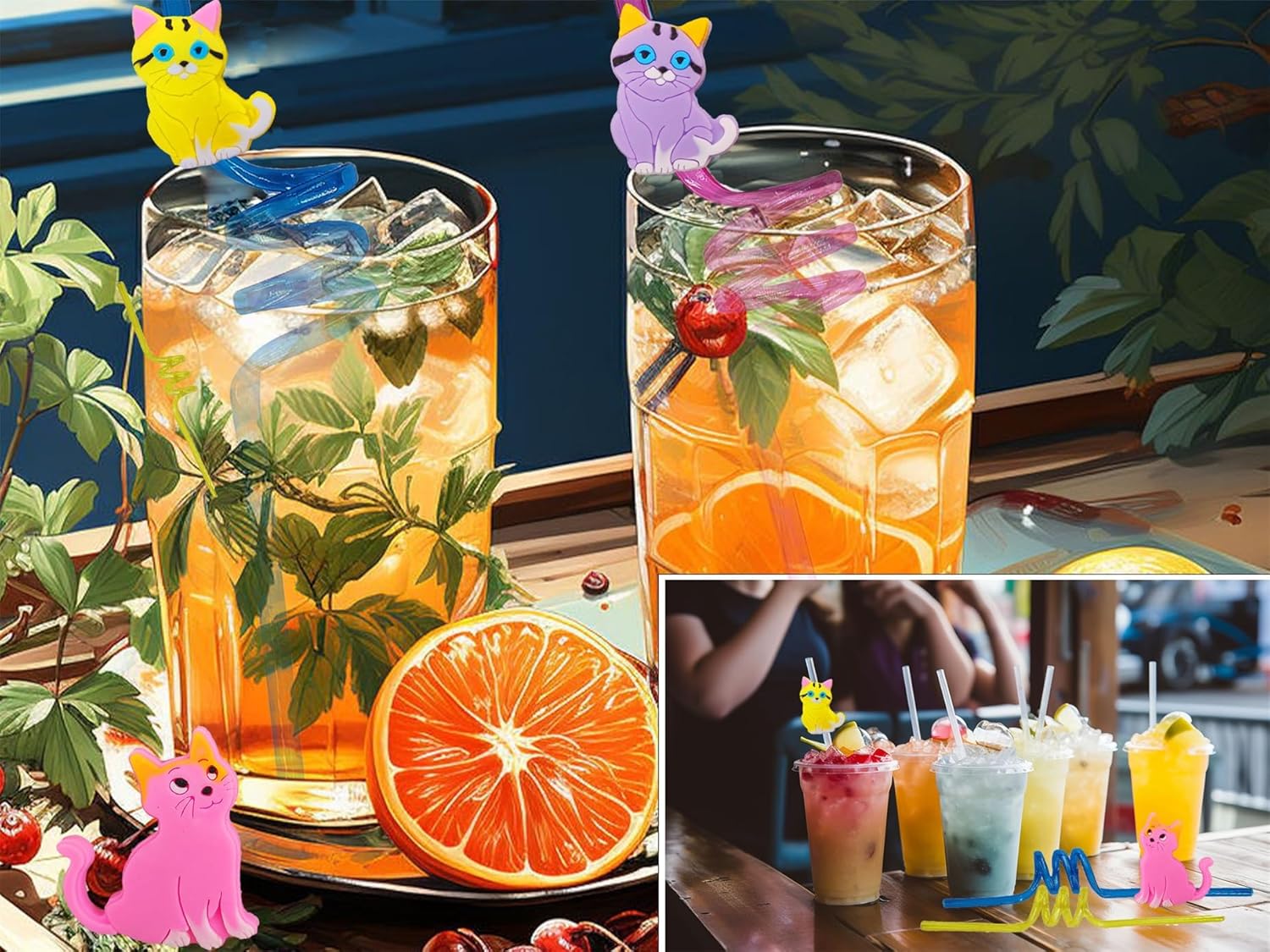 24 Pack Cat Pattern Reusable Plastic Straws for Parties