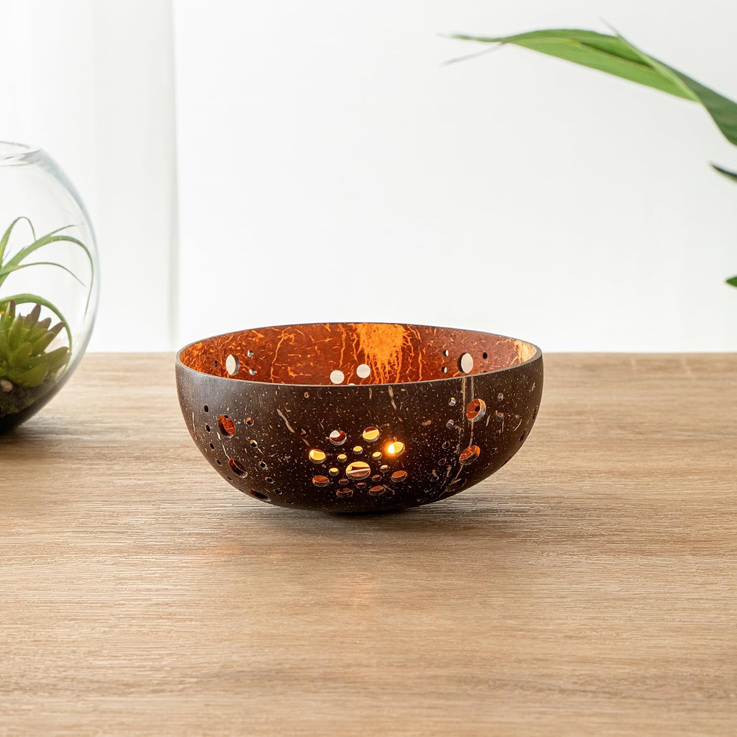 Restaurantware Coco Casa Coconut Shell Candle Holder Sun Pattern Handcrafted