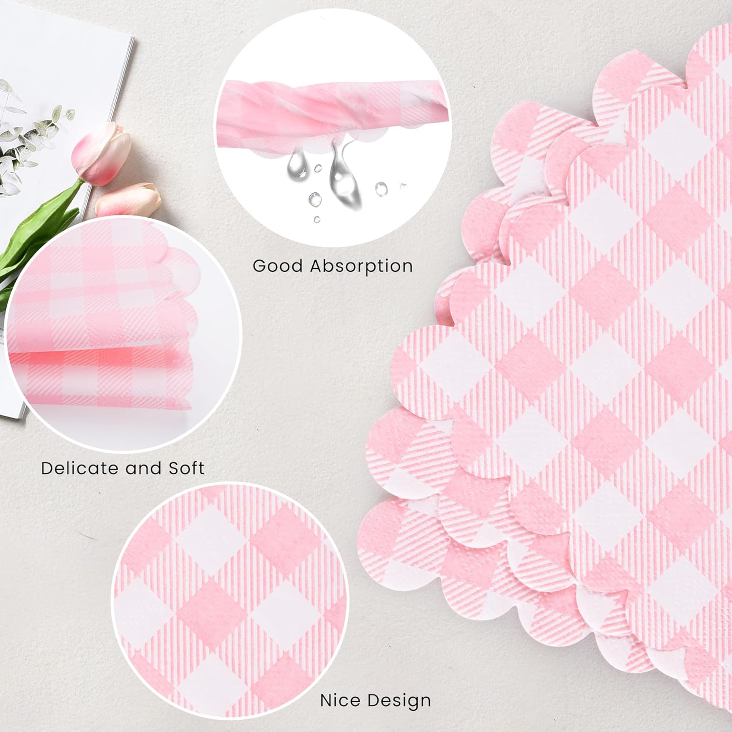 100 Pcs Pink Gingham Cocktail Napkins 5x5 Inches Scalloped