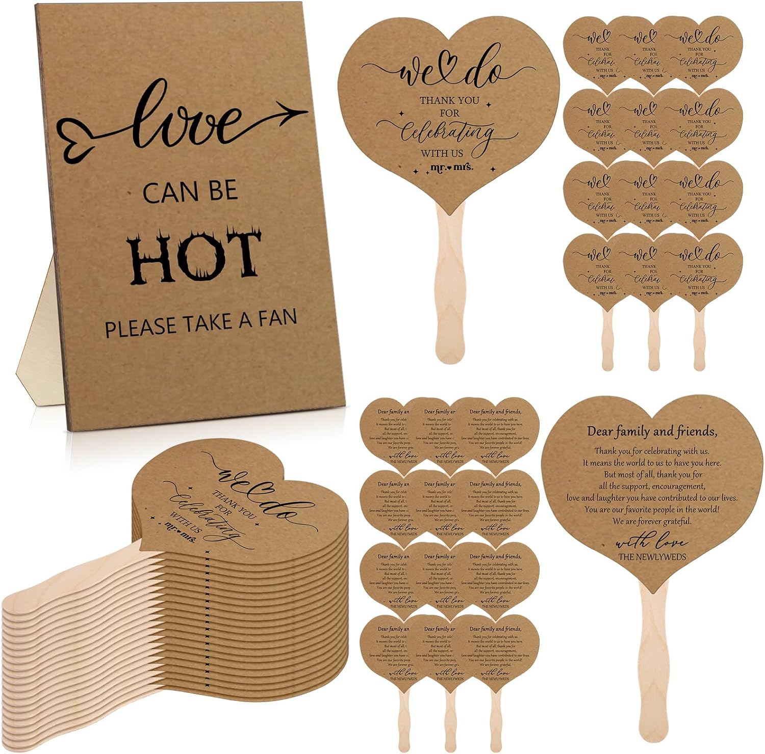 51 Pcs Brown Wedding Fans with Handle and Table Sign