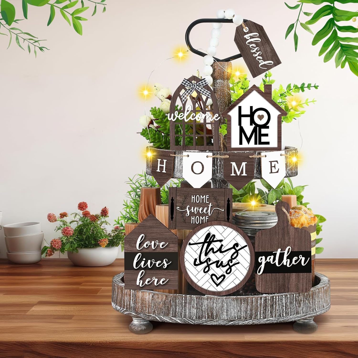 FairySandy 11 Piece Rustic Tiered Tray Decor Set