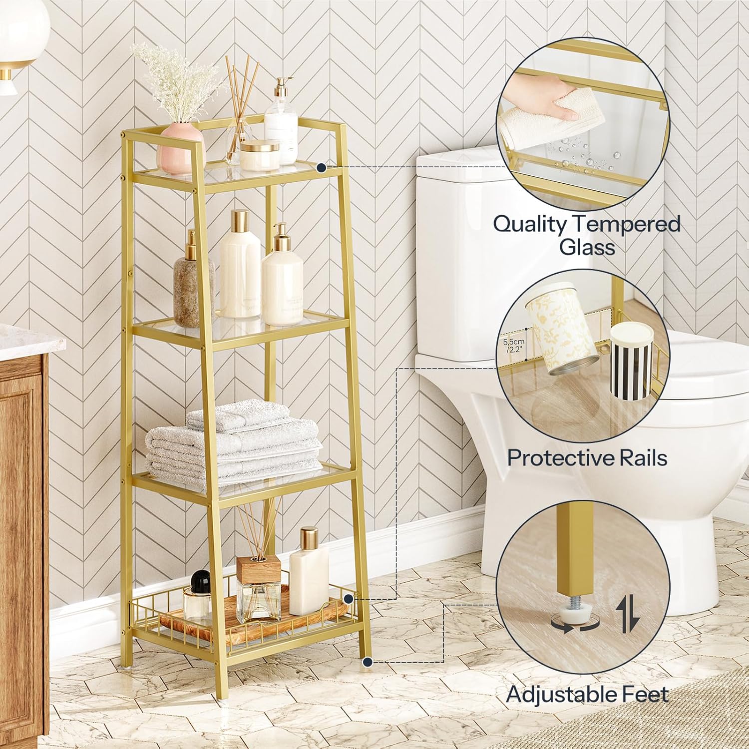 HOOBRO 4 Tier Gold Glass Shelf Stand for Bathroom