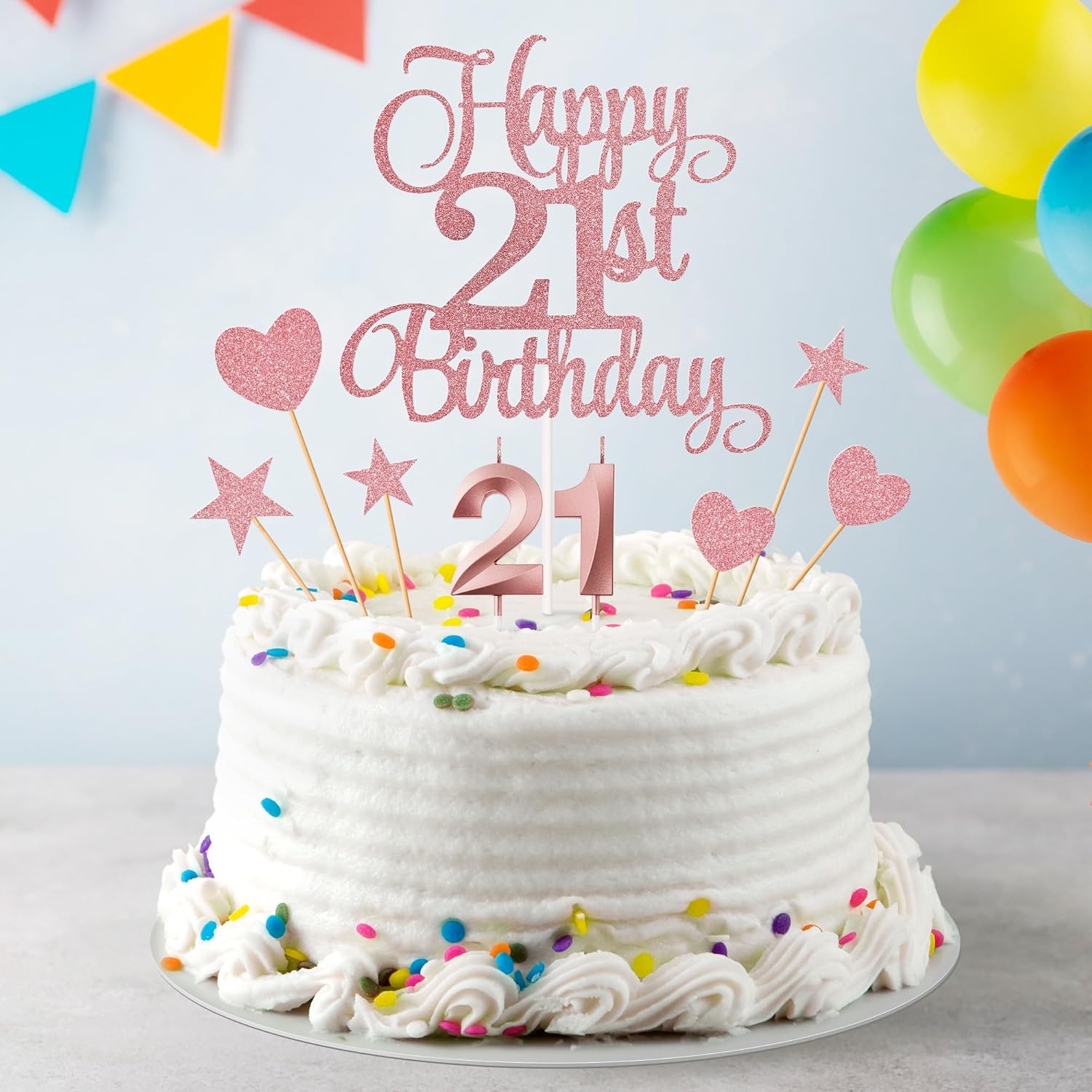 21st Birthday Cake Toppers Set with Glitter Decorations Rose Gold