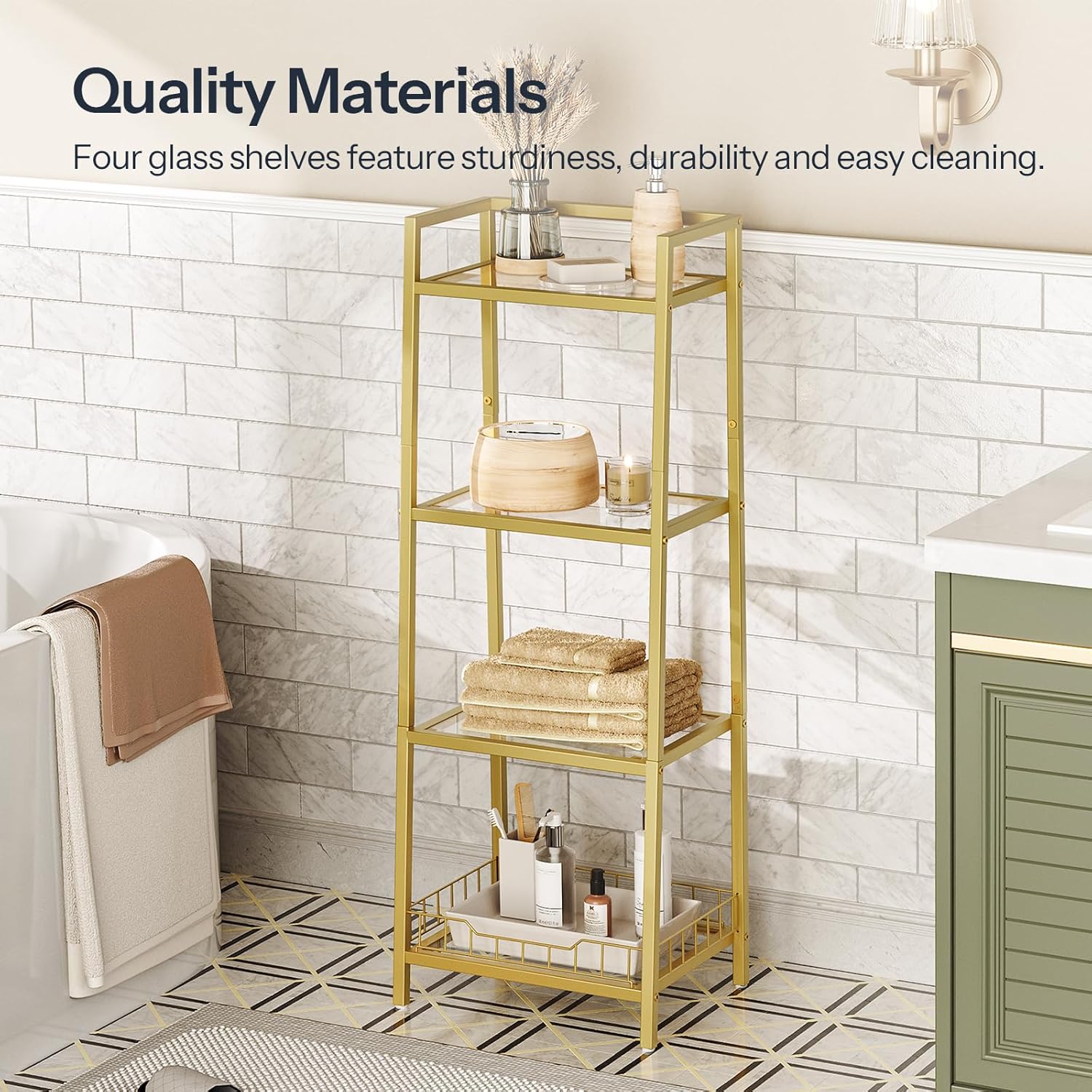 HOOBRO 4 Tier Gold Glass Shelf Stand for Bathroom