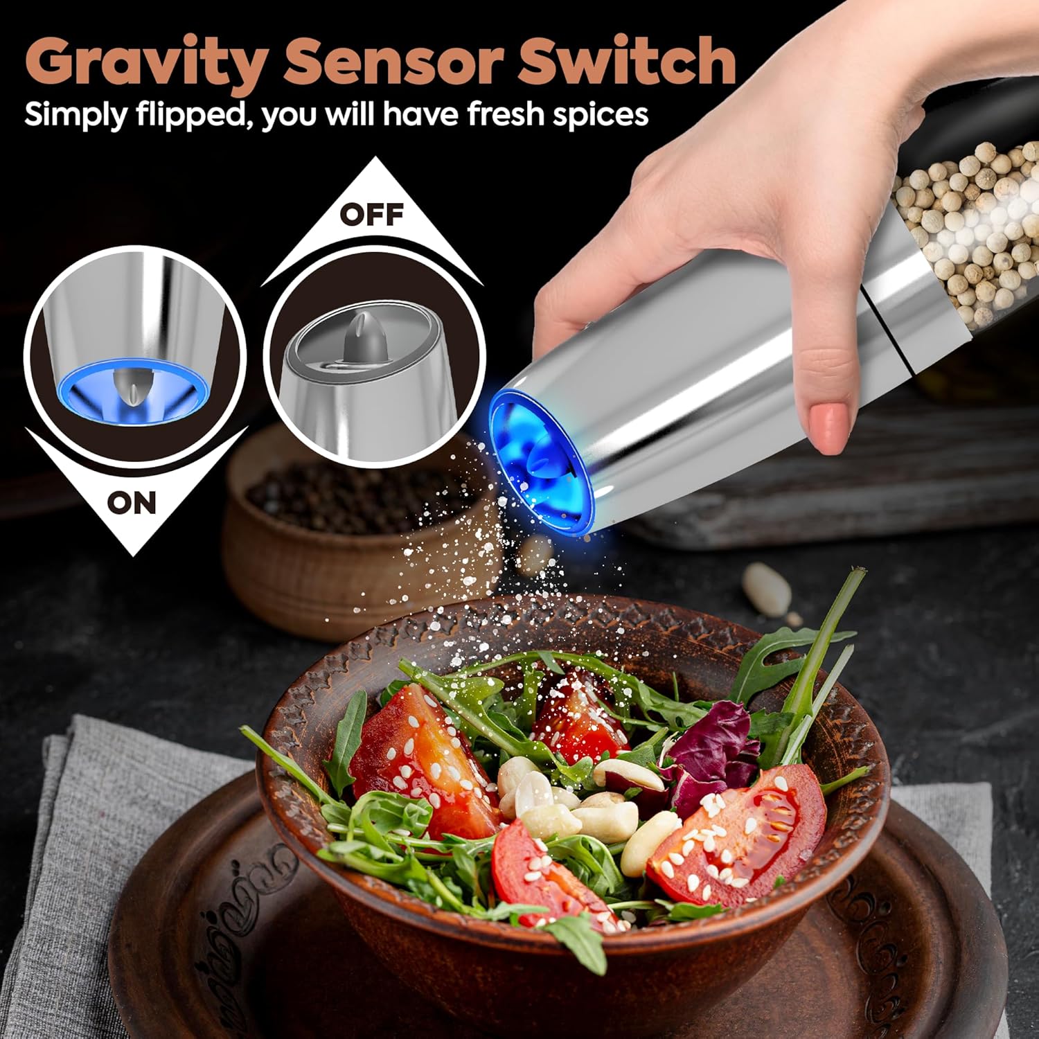 Electric Salt and Pepper Grinder Set with LED Light and Battery