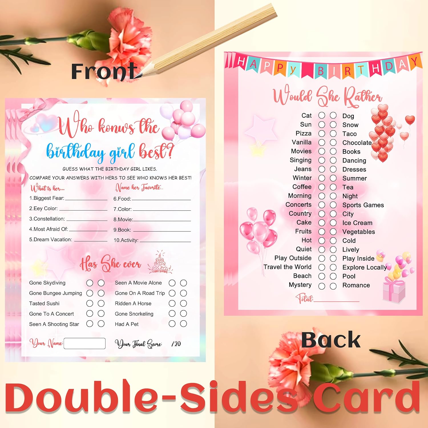 Who Knows The Birthday Girl Best Game Set 50 Cards 5 Pencils