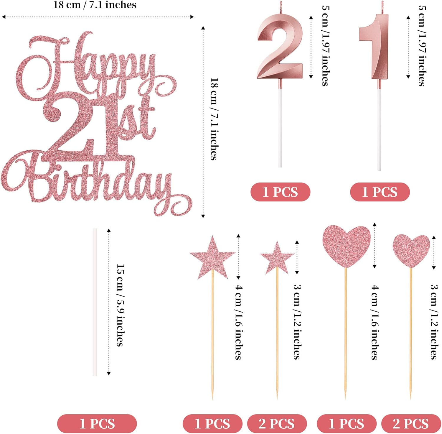 21st Birthday Cake Toppers Set with Glitter Decorations Rose Gold