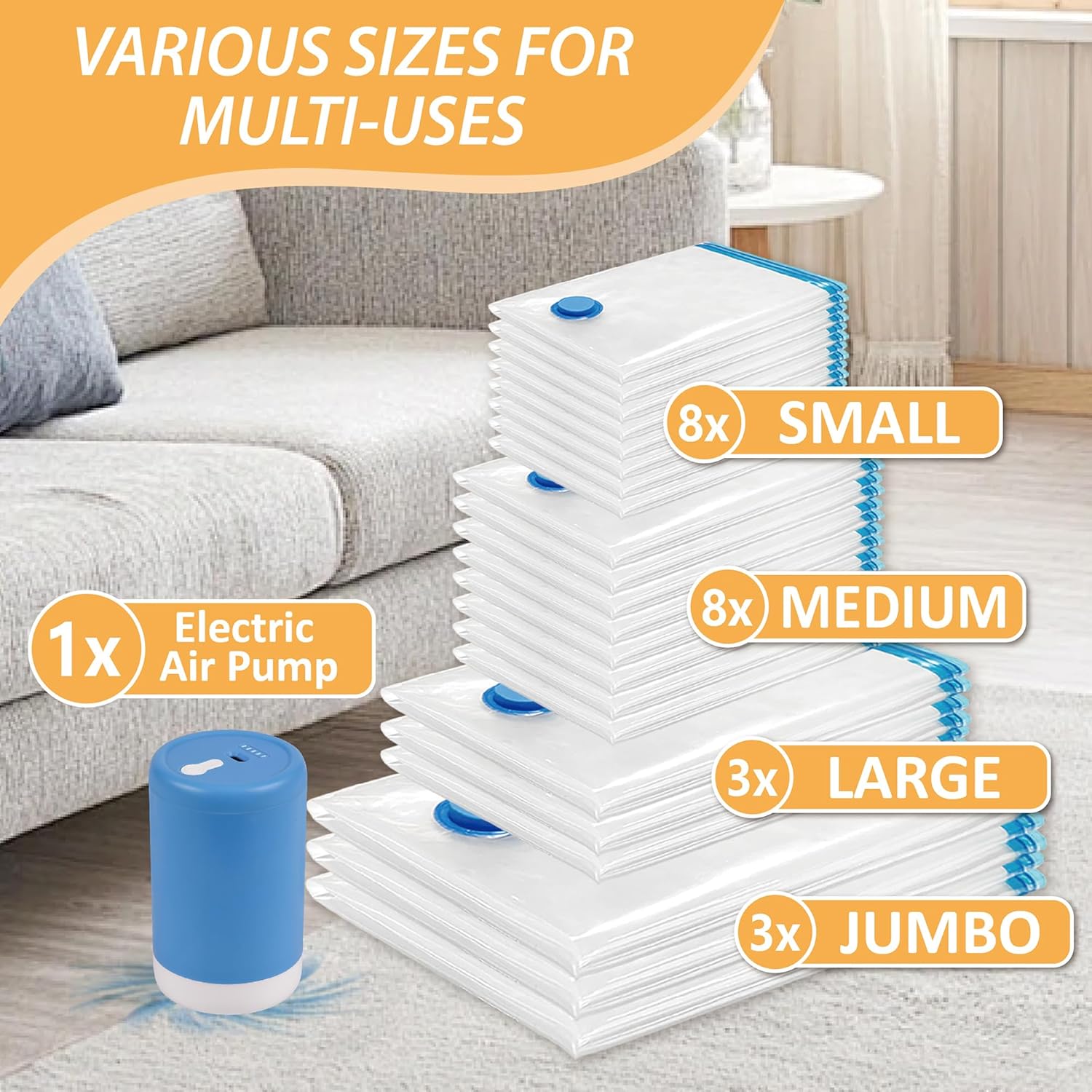 Cozy Essential Vacuum Storage Bags 22 Pack with Electric Pump