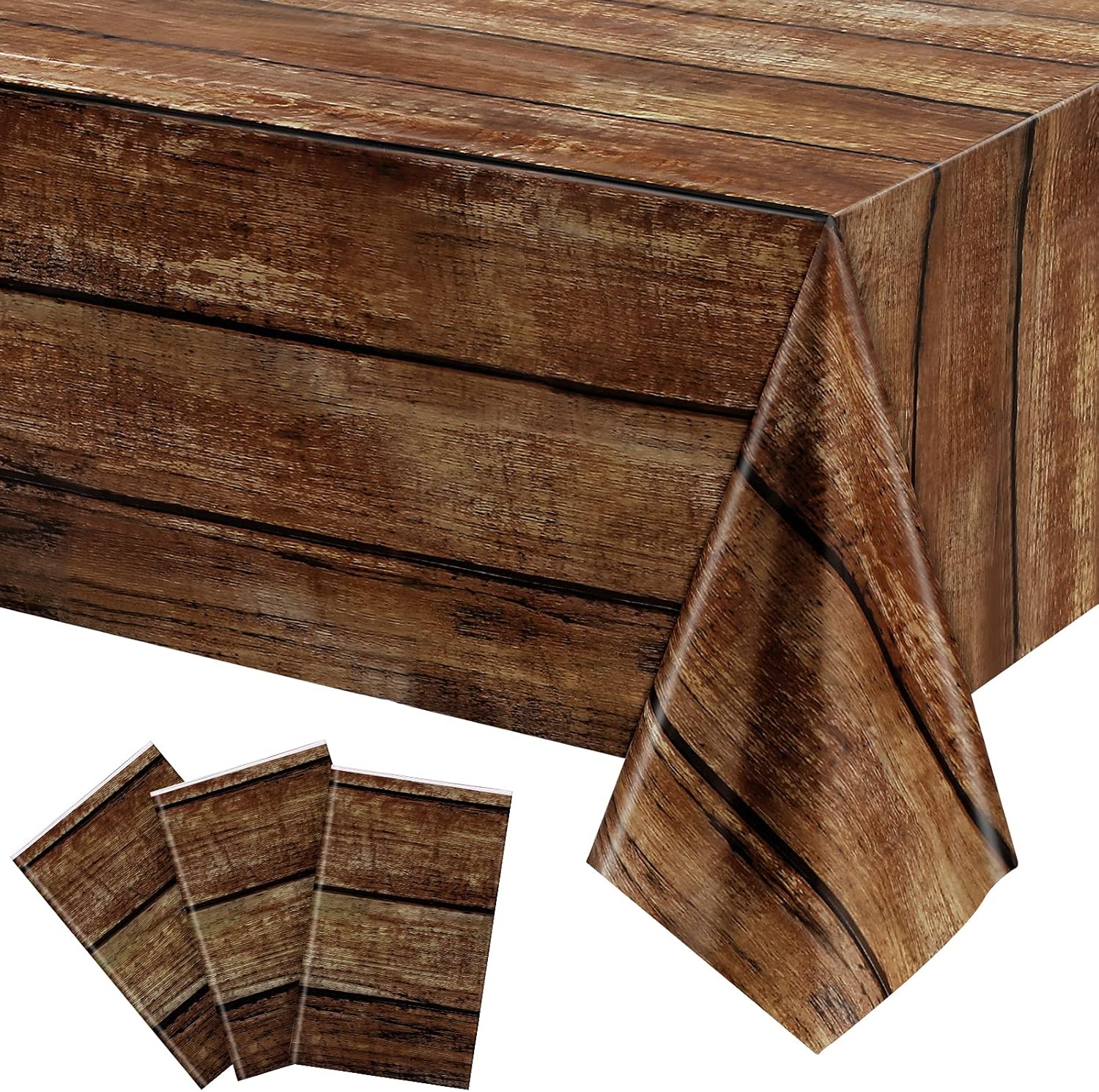 Irenare Rustic Plastic Table Covers 3 Pcs 54x108 Inches Brown Wood Grain