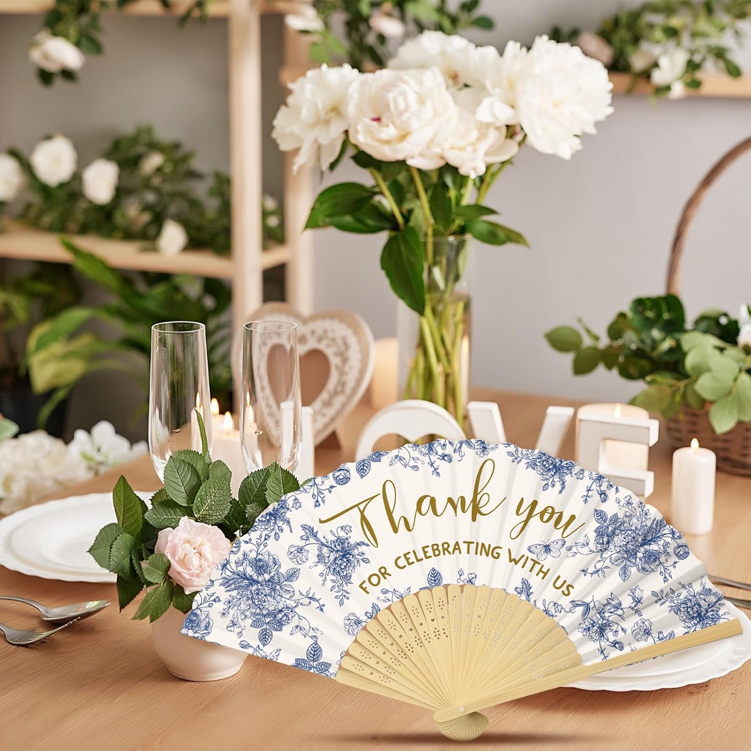 50 Pcs Blue White Flowers Foldable Wedding Fans with Organza Bags