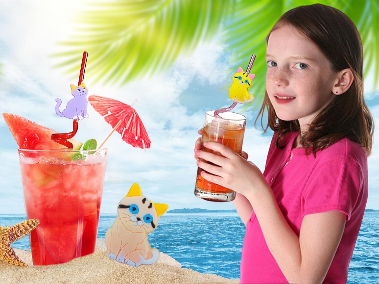 20 Reusable Plastic Straws with Cat Designs