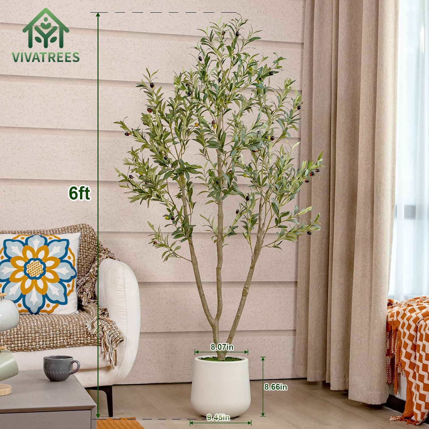 Vivatrees 6FT Artificial Olive Tree with White Planter