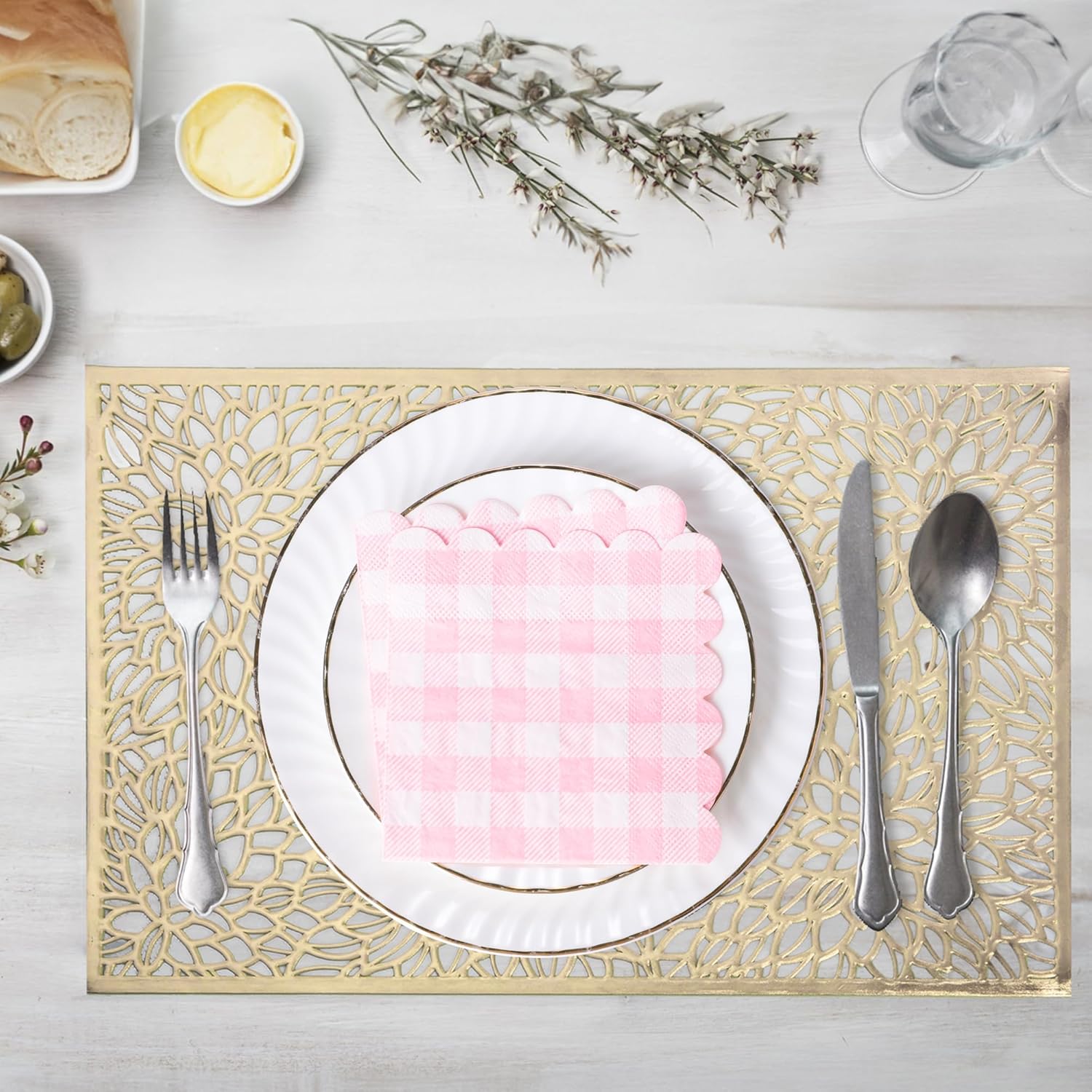 100 Pcs Pink Gingham Cocktail Napkins 5x5 Inches Scalloped