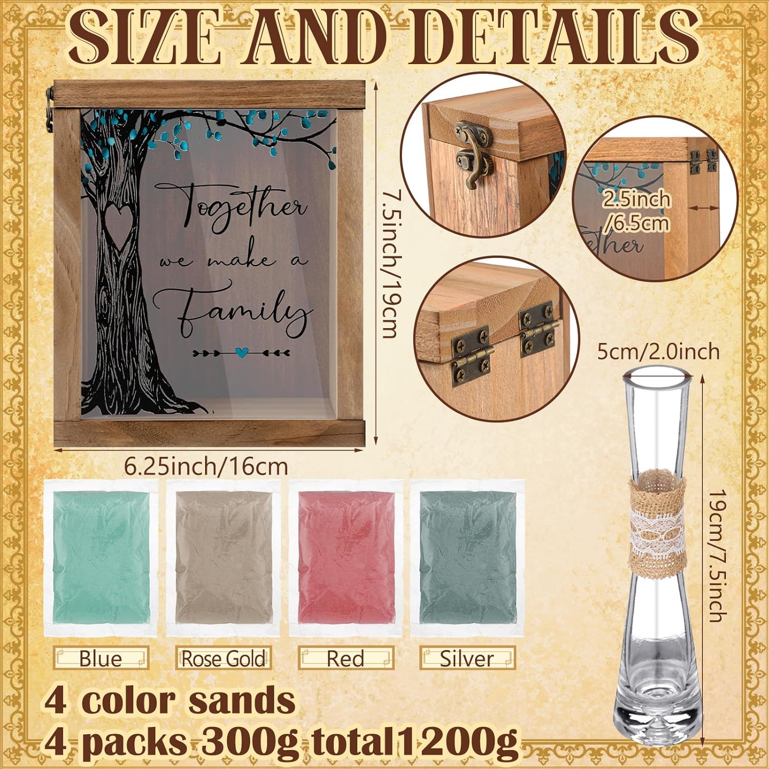 Wedding Unity Sand Ceremony Kit with Wood Box and 4 Vases