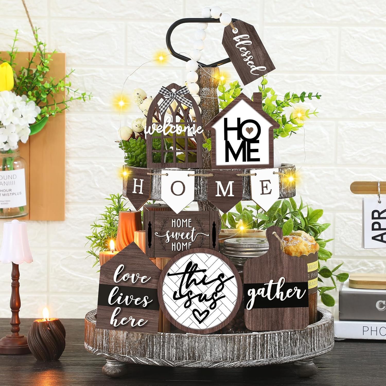 FairySandy 11 Piece Rustic Tiered Tray Decor Set