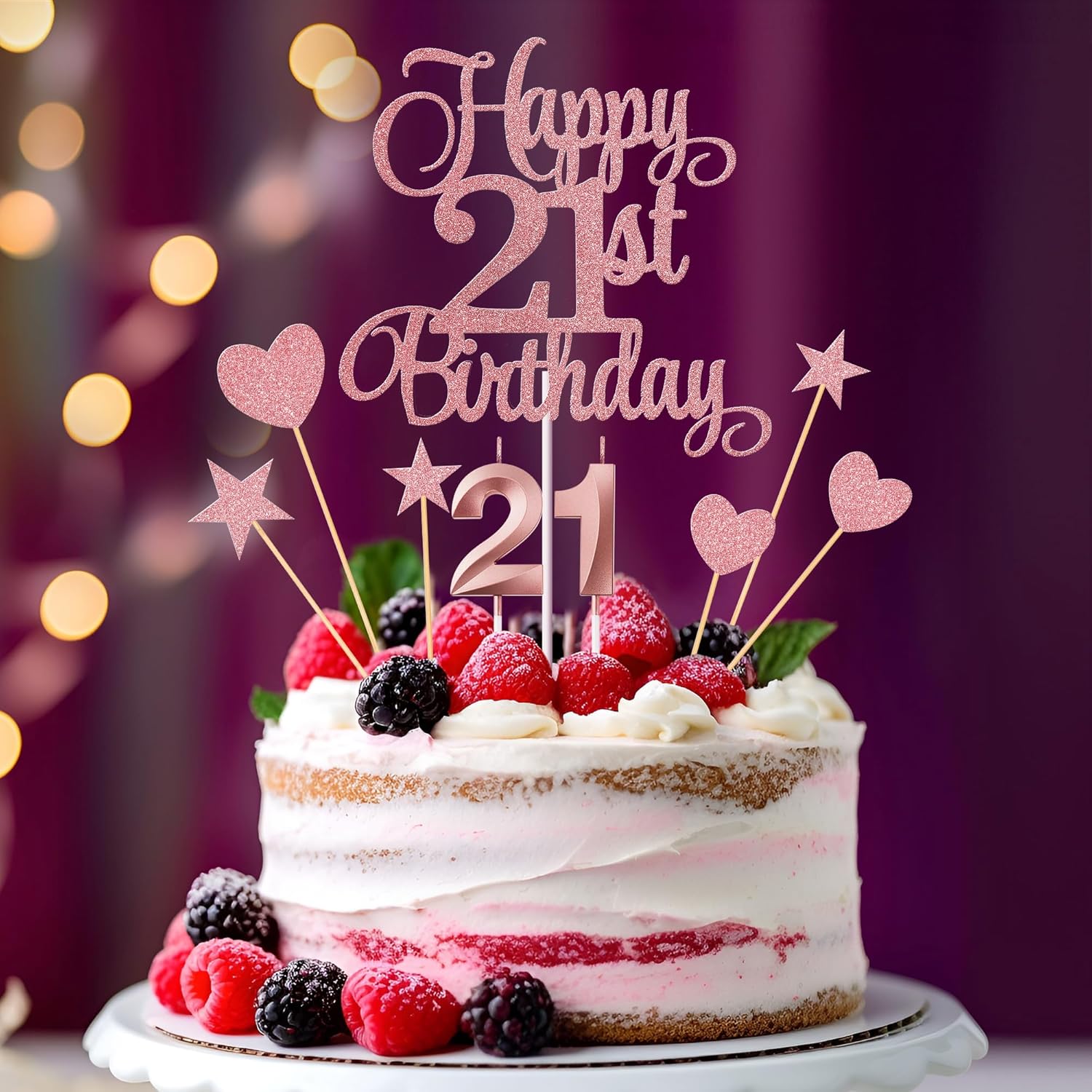 21st Birthday Cake Toppers Set with Glitter Decorations Rose Gold
