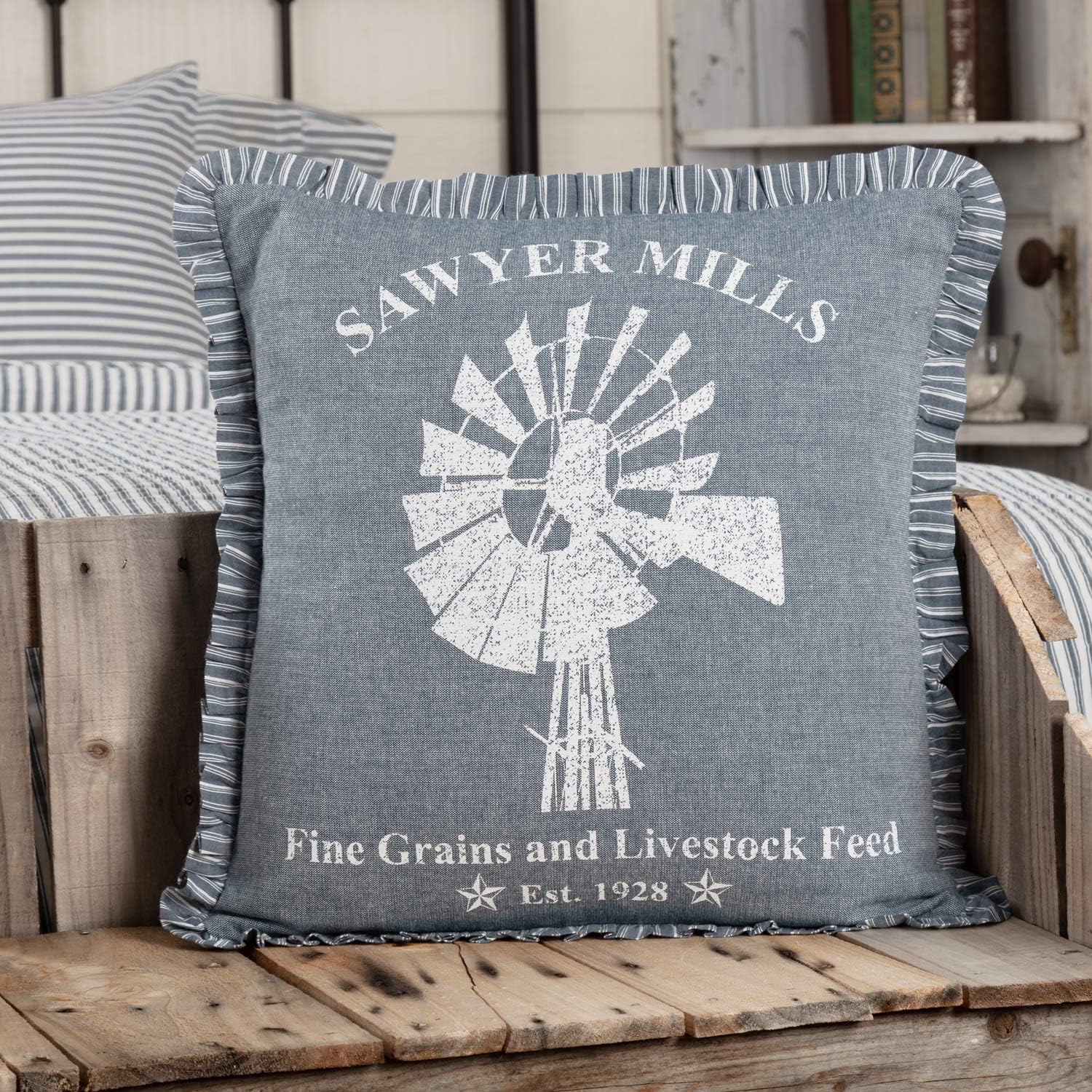 VHC Brands Sawyer Mill Windmill Blue Chambray Square Pillow 18x18