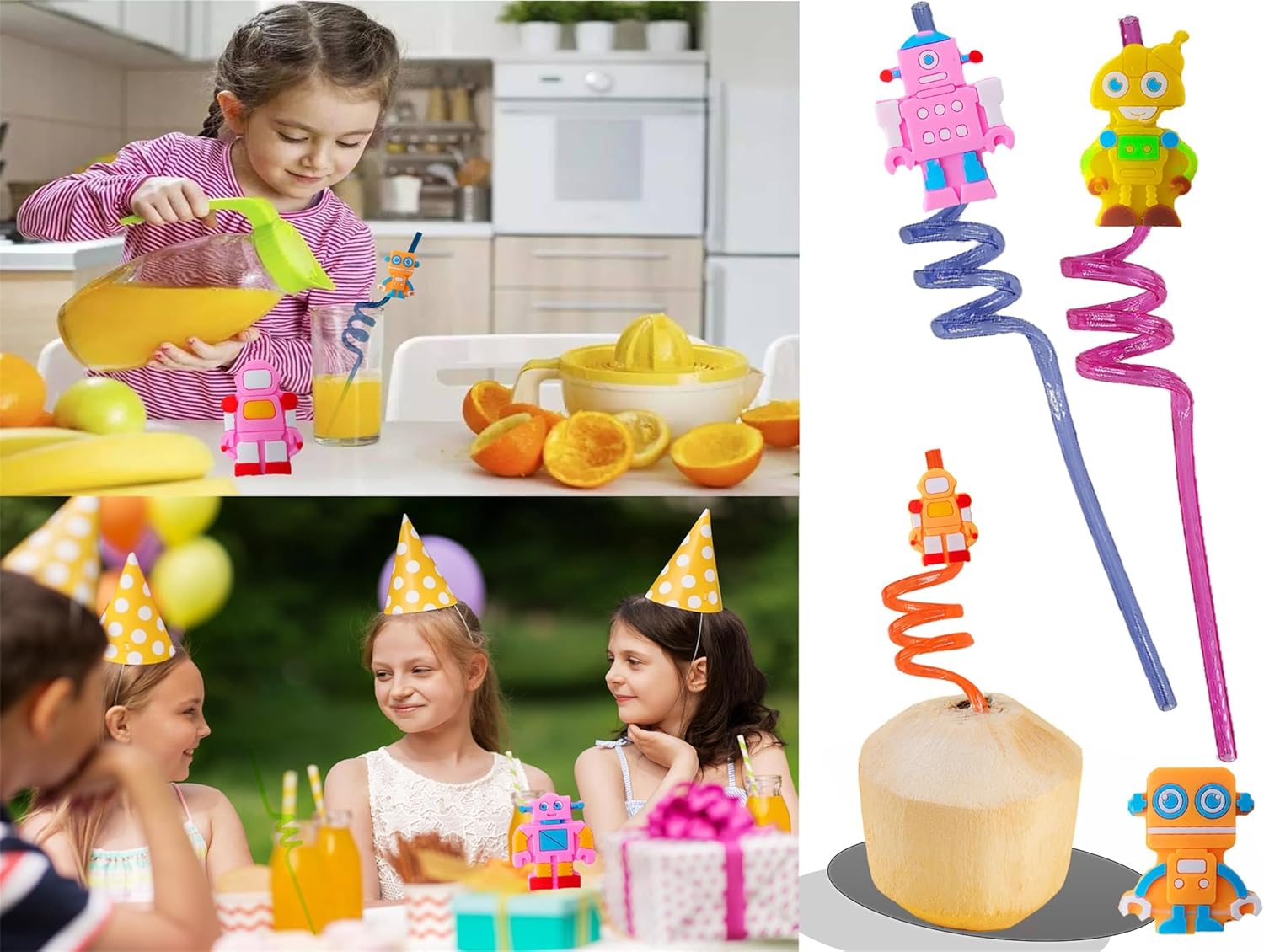 24 Packs Robot Themed Reusable Plastic Straws for Birthday Party Favors