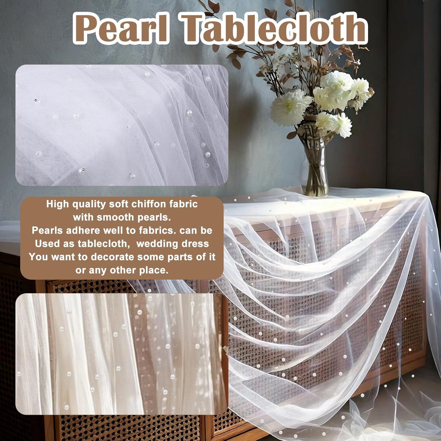 White Pearl Tulle Wedding Table Runner 118x28 Inches