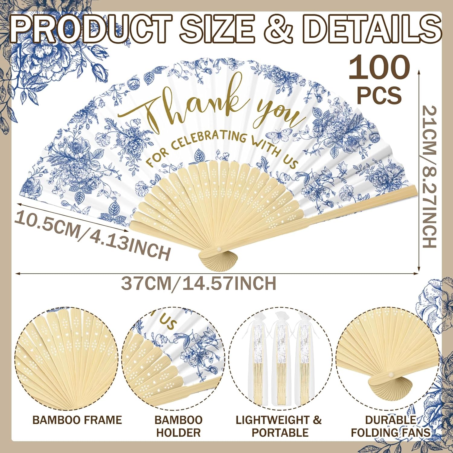 50 Pcs Blue White Flowers Foldable Wedding Fans with Organza Bags