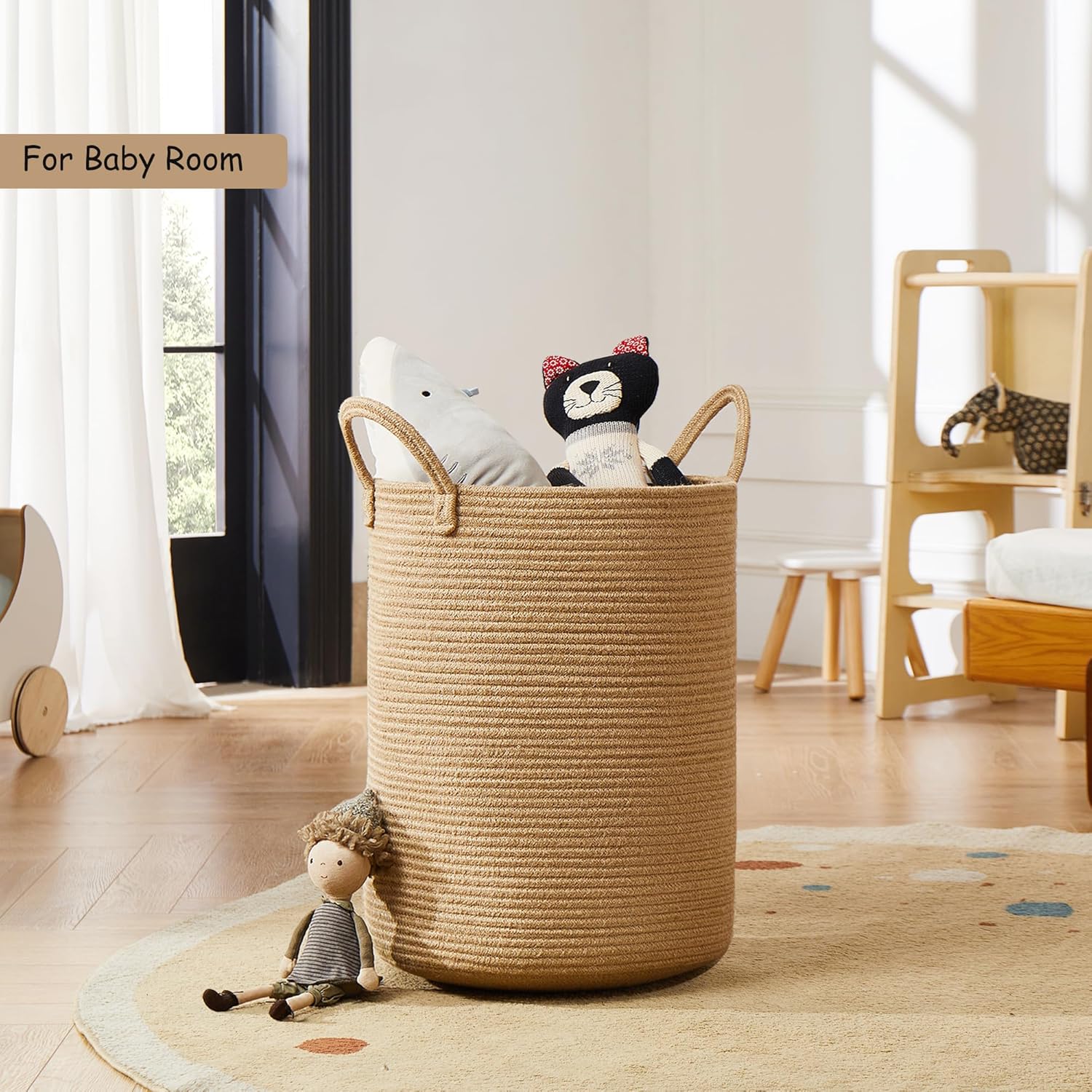 62L Jute Woven Laundry Basket for Baby Nursery Kids Room