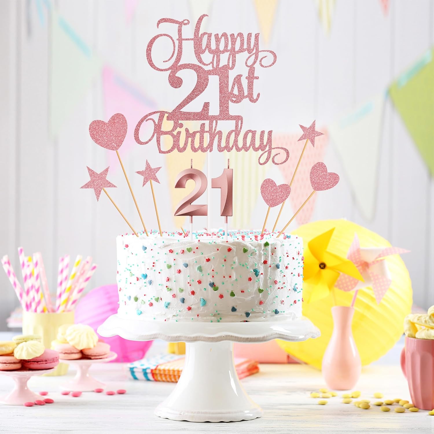 21st Birthday Cake Toppers Set with Glitter Decorations Rose Gold