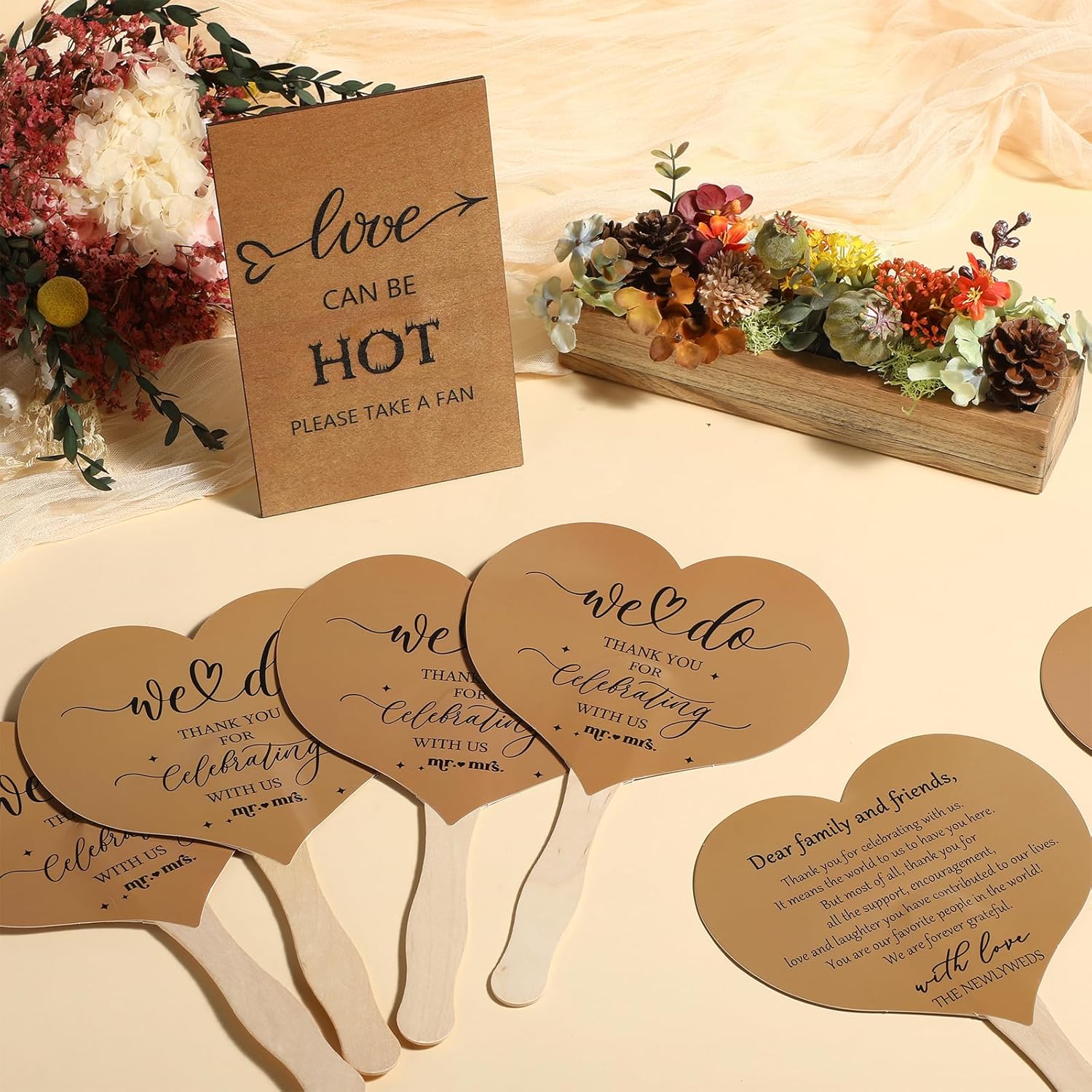 51 Pcs Brown Wedding Fans with Handle and Table Sign