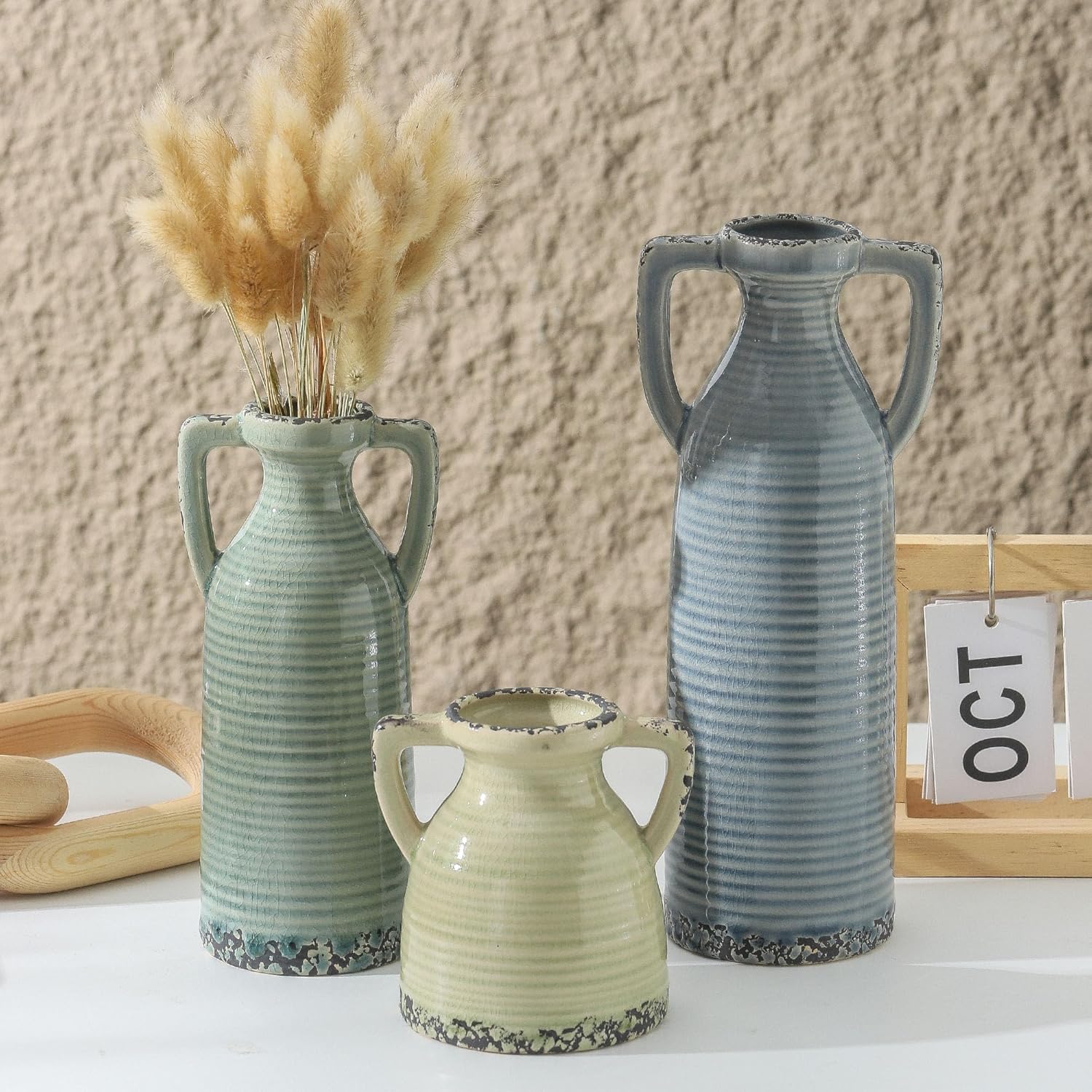 Lyeec Ceramic Vase Set of 3 with Handles