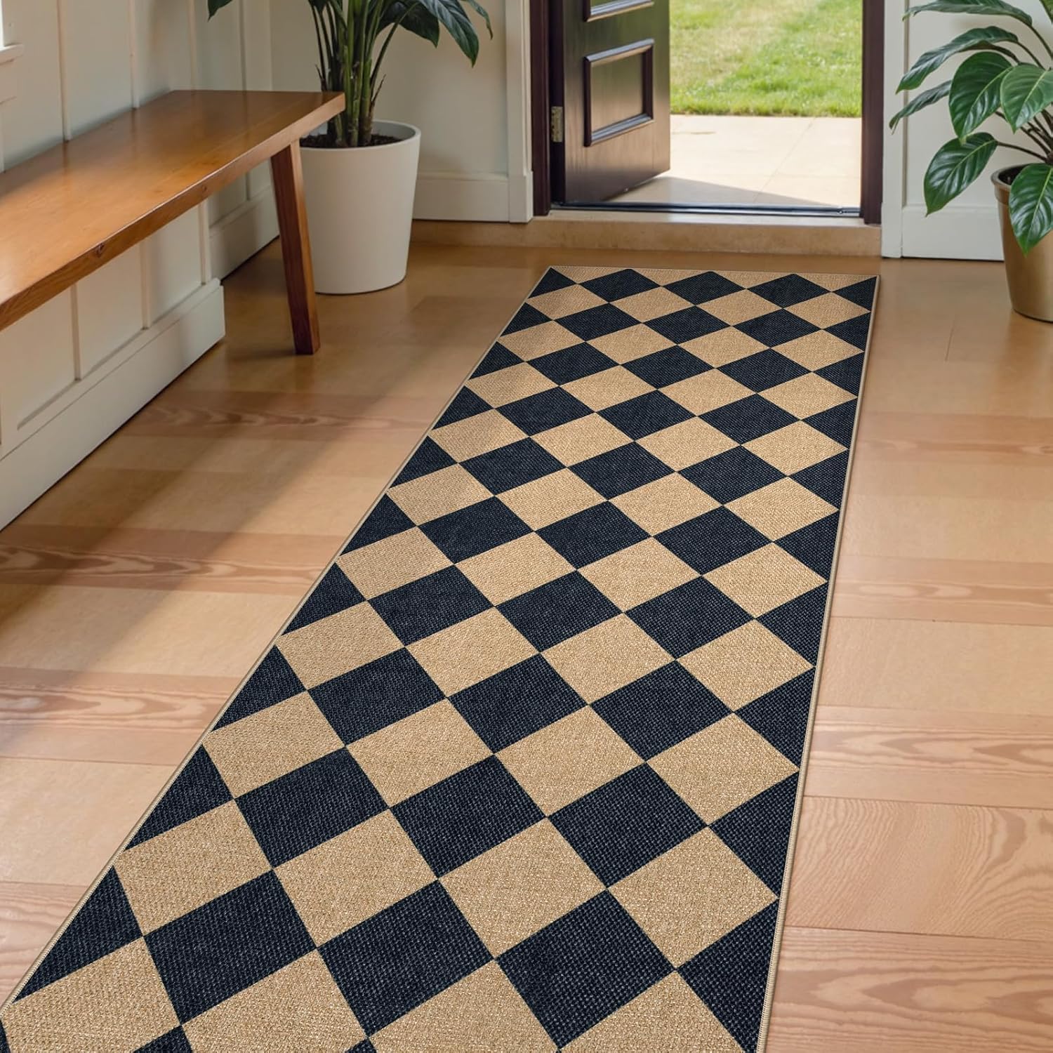 Lahome Checkered Jute Look Runner Rug 2x8 Non Slip Washable