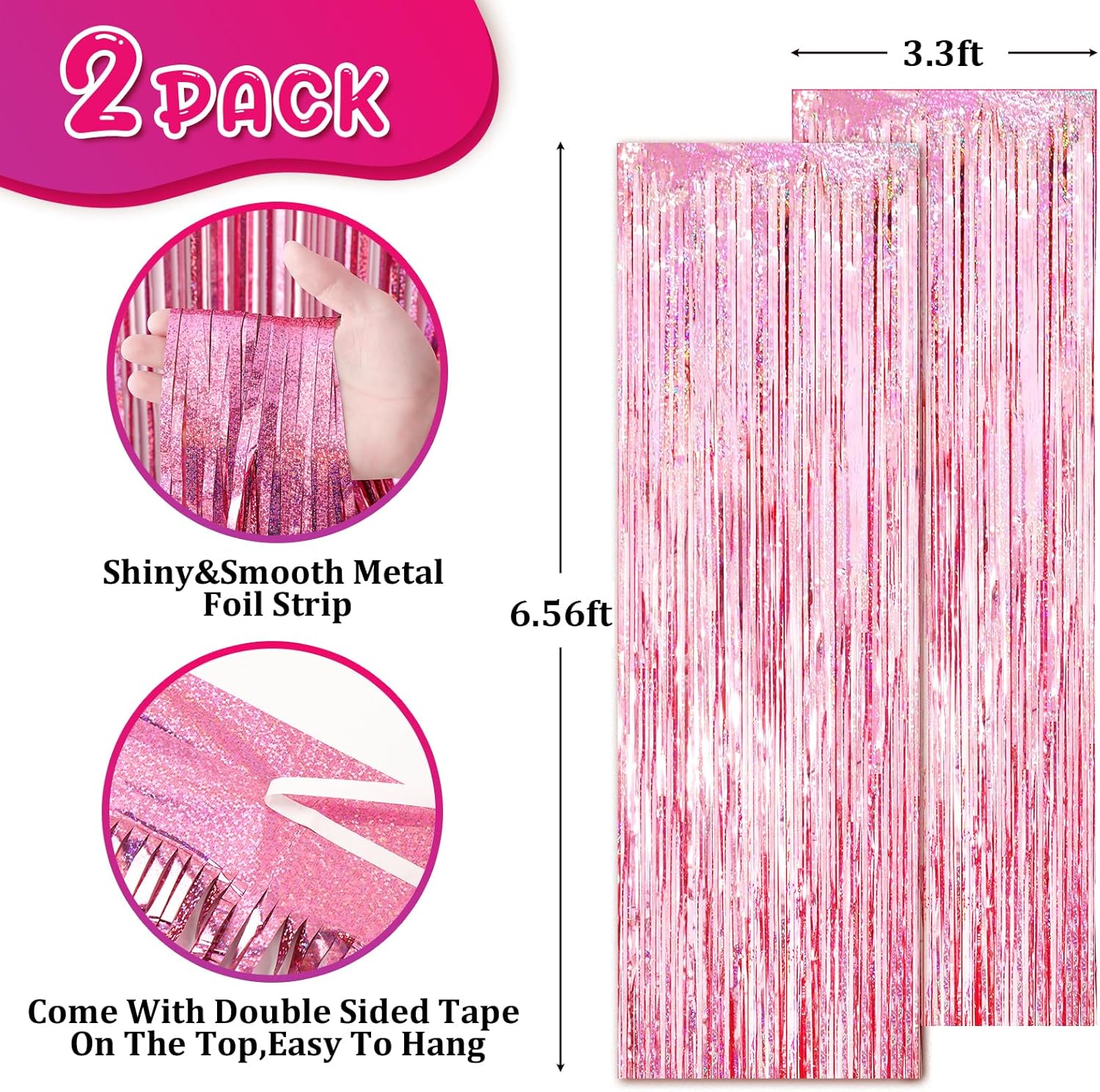 2 Pack Laser Pink Tinsel Foil Fringe Curtains