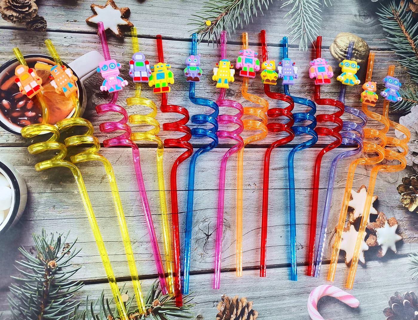24 Packs Robot Themed Reusable Plastic Straws for Birthday Party Favors