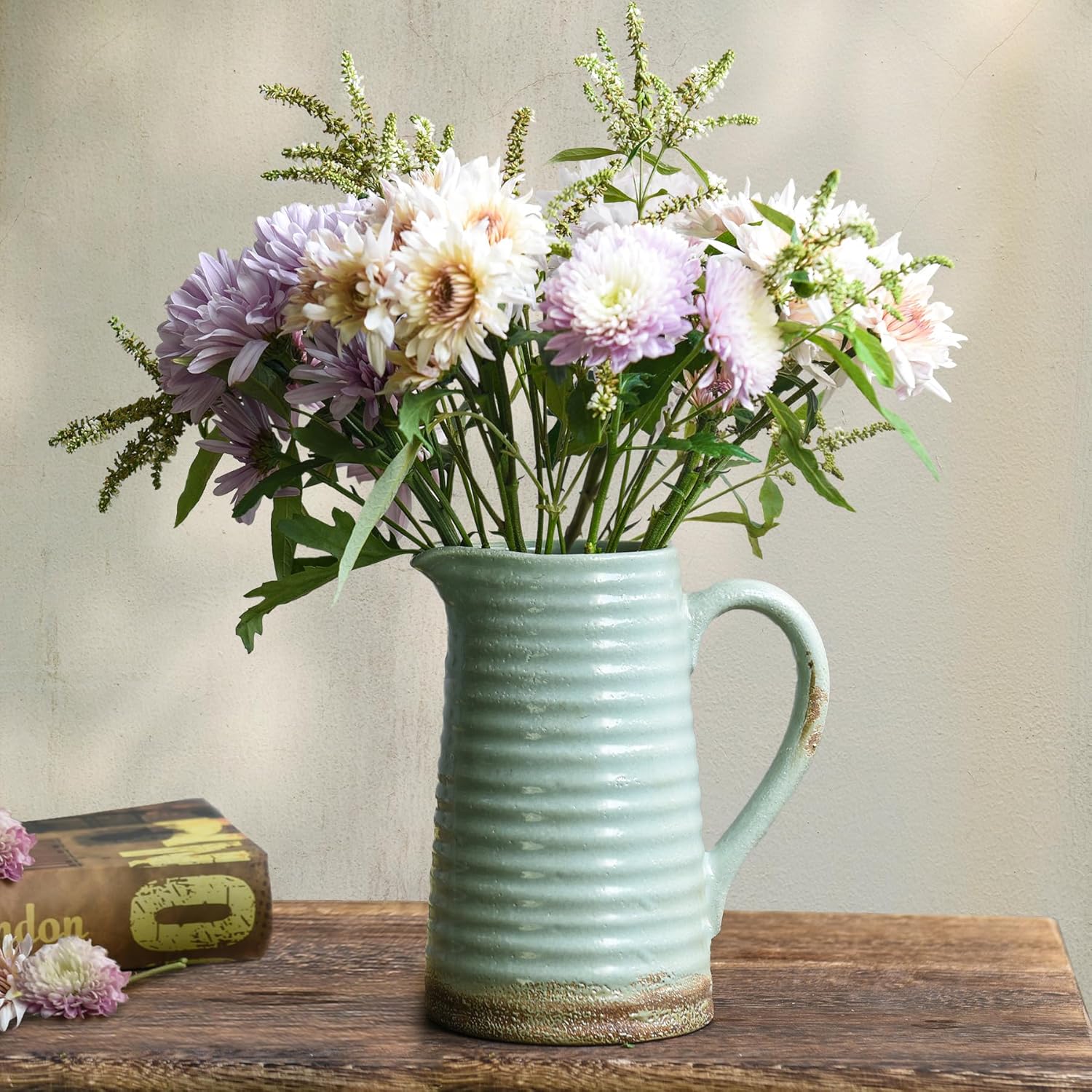 Quoowiit Rustic Ceramic Vase with Handle Green