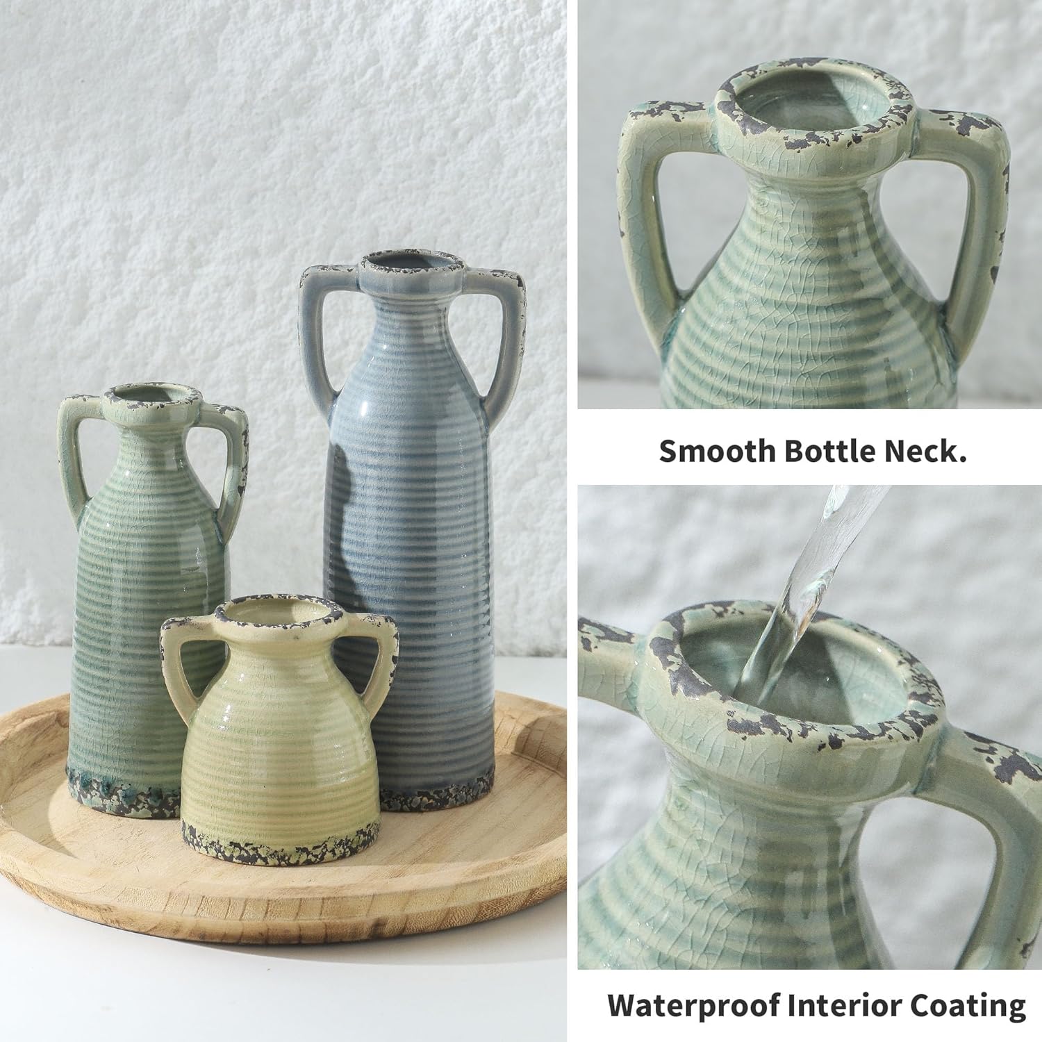 Lyeec Ceramic Vase Set of 3 with Handles