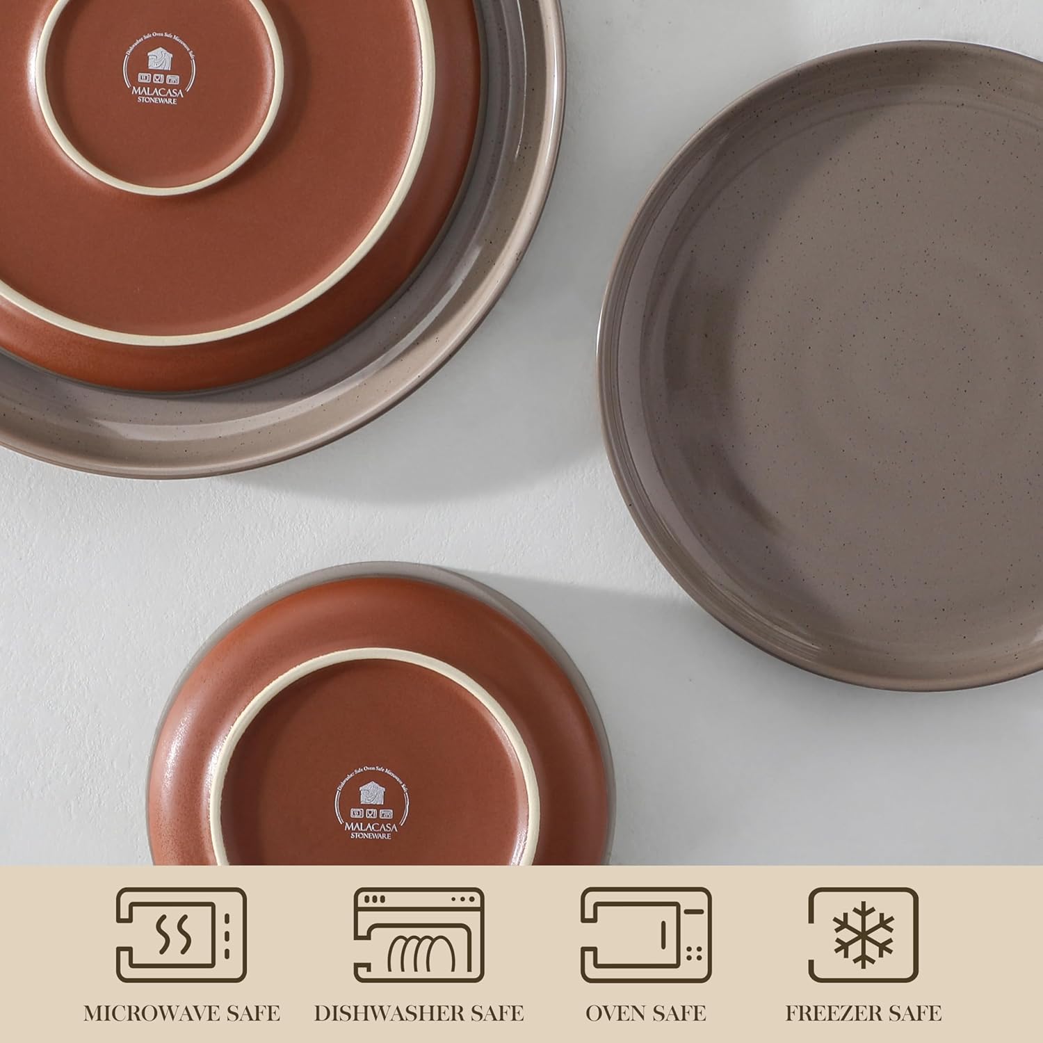 MALACASA 18 Piece Dinnerware Set Tara Brown Modern Ceramic Plates Bowls