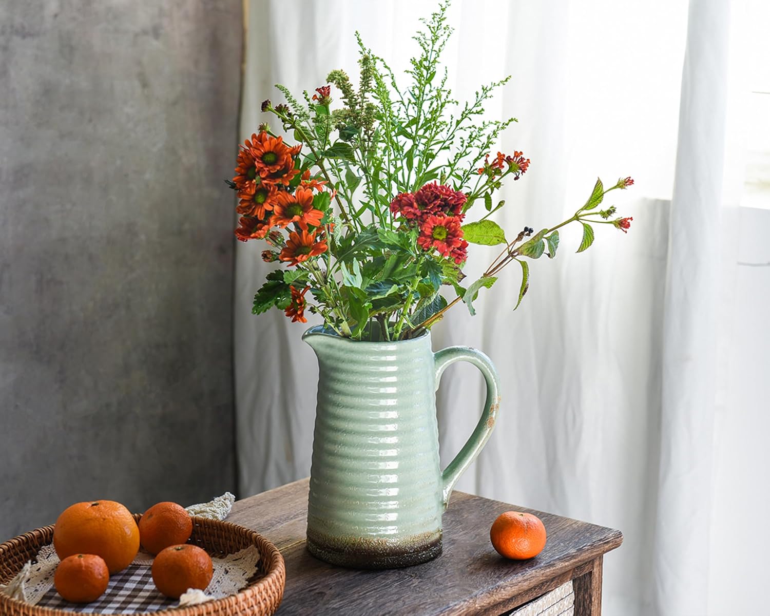 Quoowiit Rustic Ceramic Vase with Handle Green