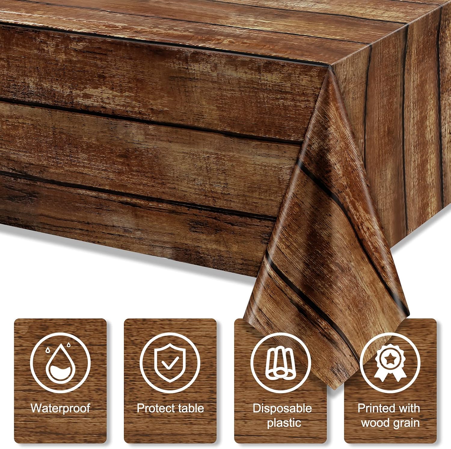 Irenare Rustic Plastic Table Covers 3 Pcs 54x108 Inches Brown Wood Grain