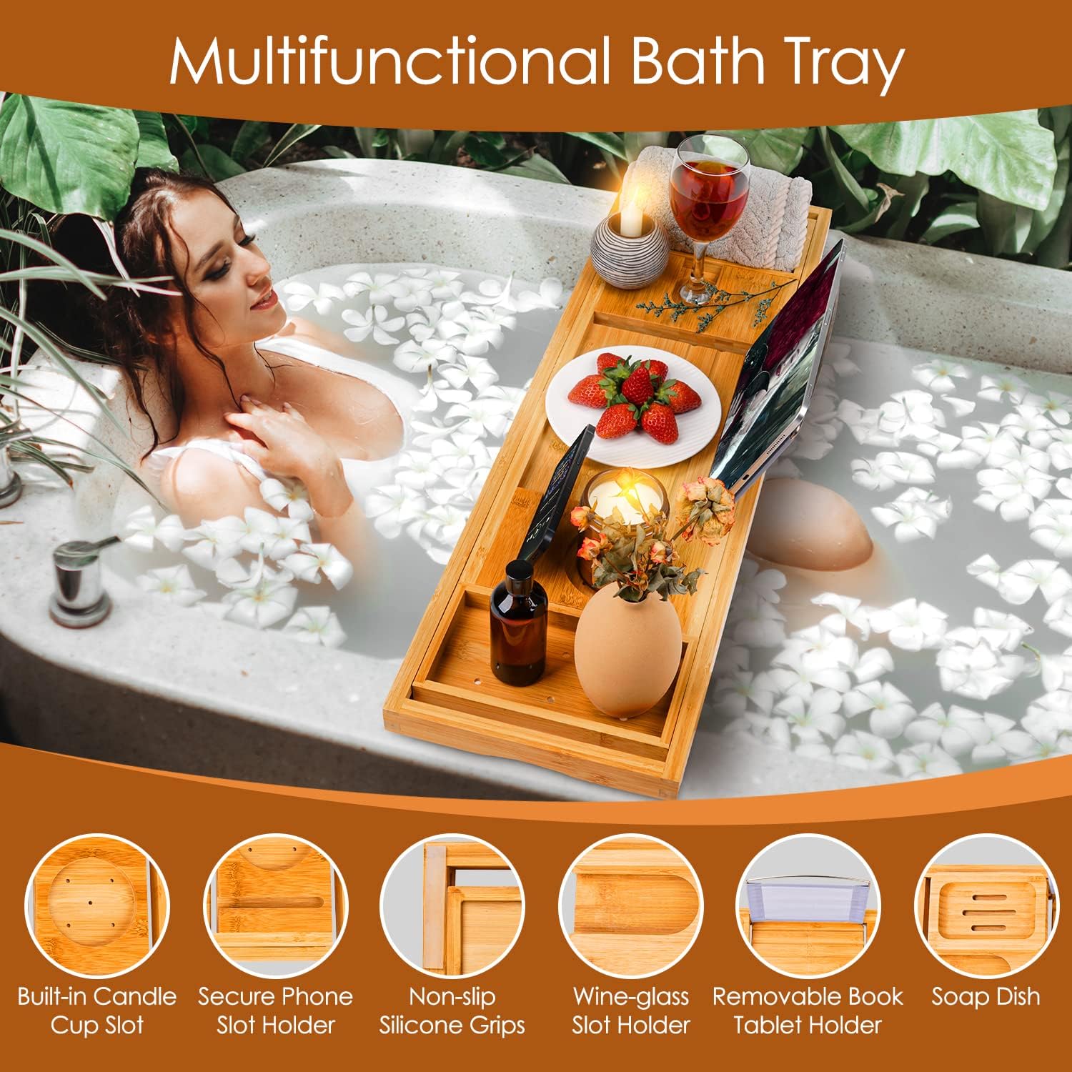 Beshof Foldable Bamboo Bathtub Tray with Holder