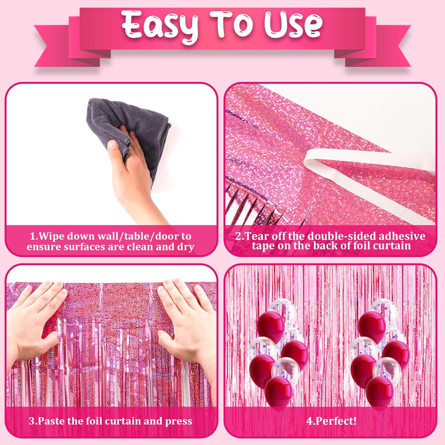 2 Pack Laser Pink Tinsel Foil Fringe Curtains