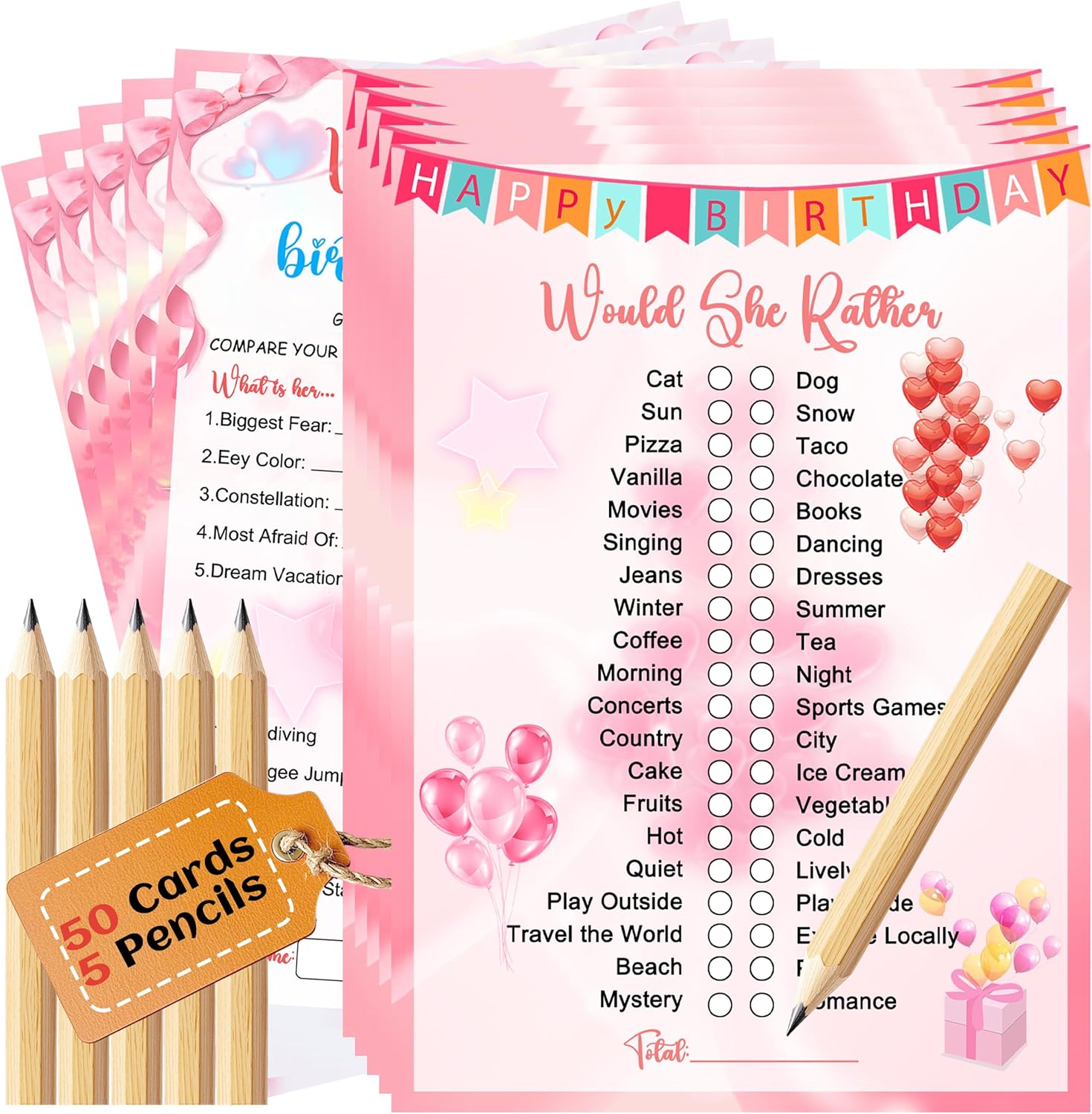 Who Knows The Birthday Girl Best Game Set 50 Cards 5 Pencils