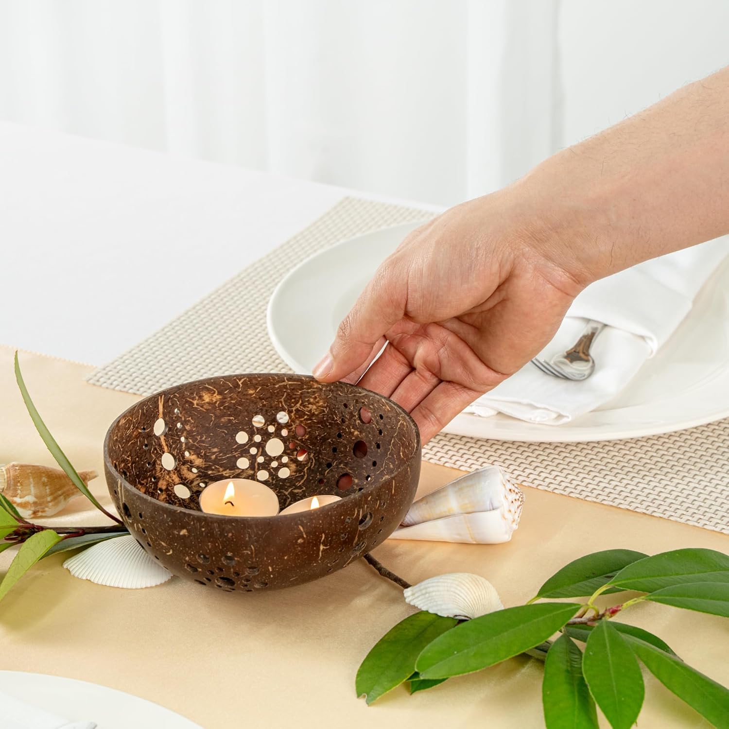 Restaurantware Coco Casa Coconut Shell Candle Holder Sun Pattern Handcrafted
