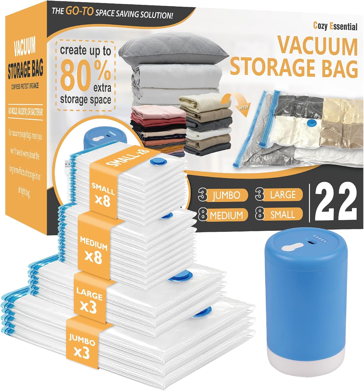 Cozy Essential Vacuum Storage Bags 22 Pack with Electric Pump