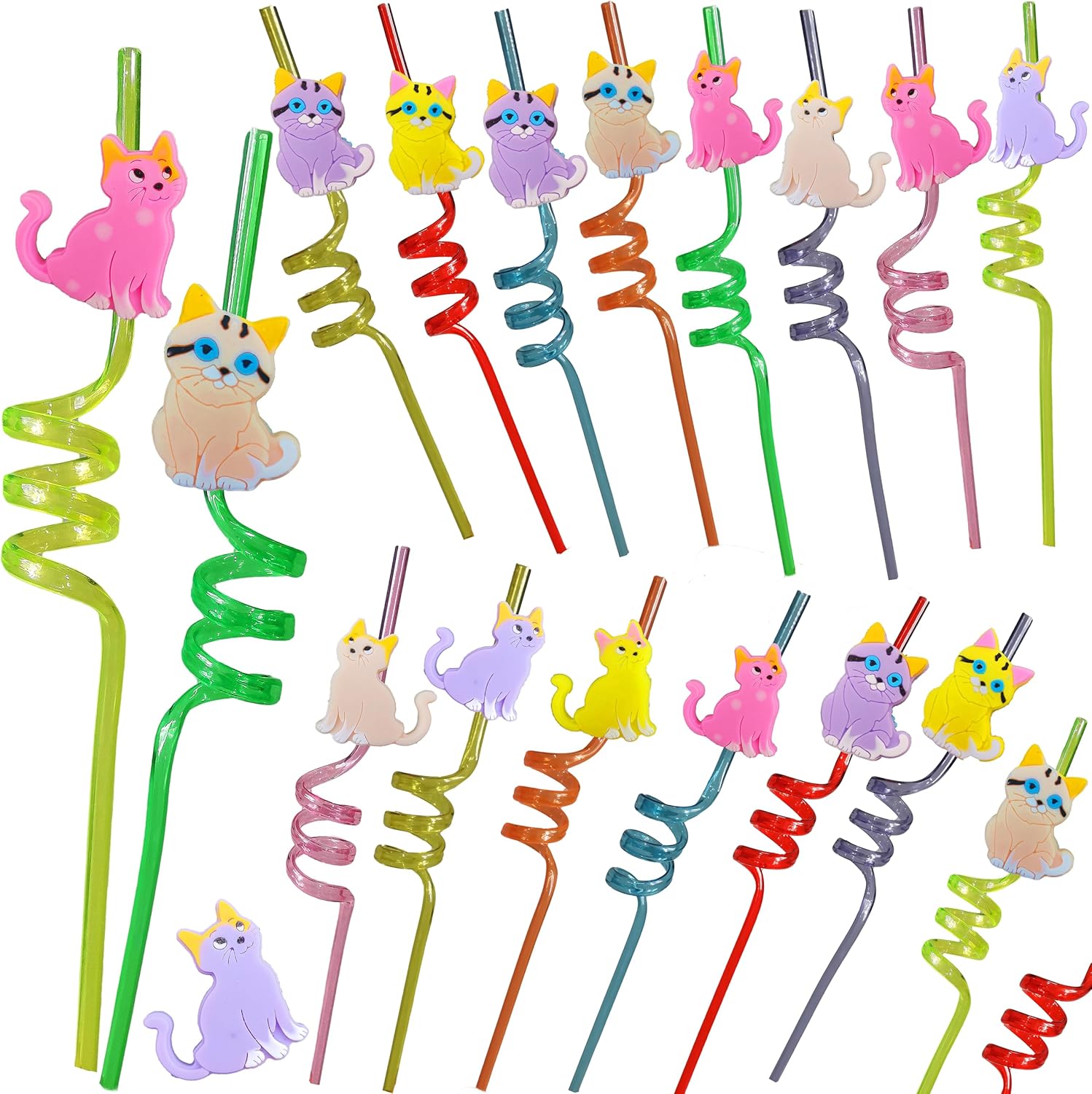 20 Reusable Plastic Straws with Cat Designs