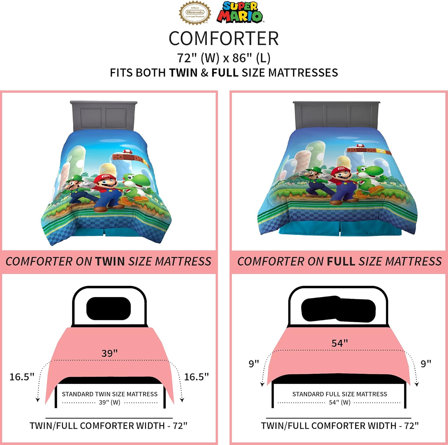 Franco Kids Bedding Super Soft Microfiber Reversible Comforter Twin Full Mario