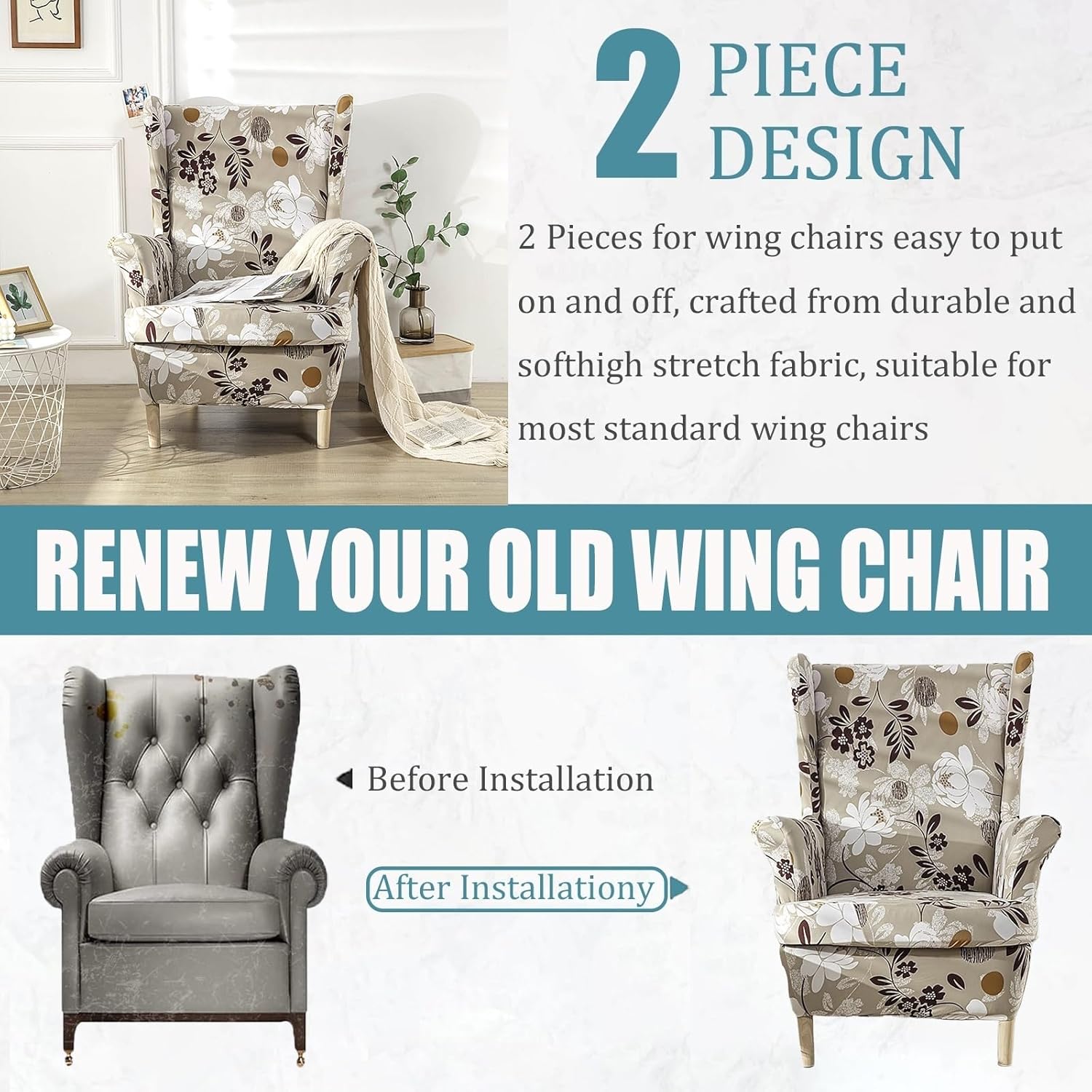 RUIBOBB Wingback Chair Covers 2 Piece Set Brown