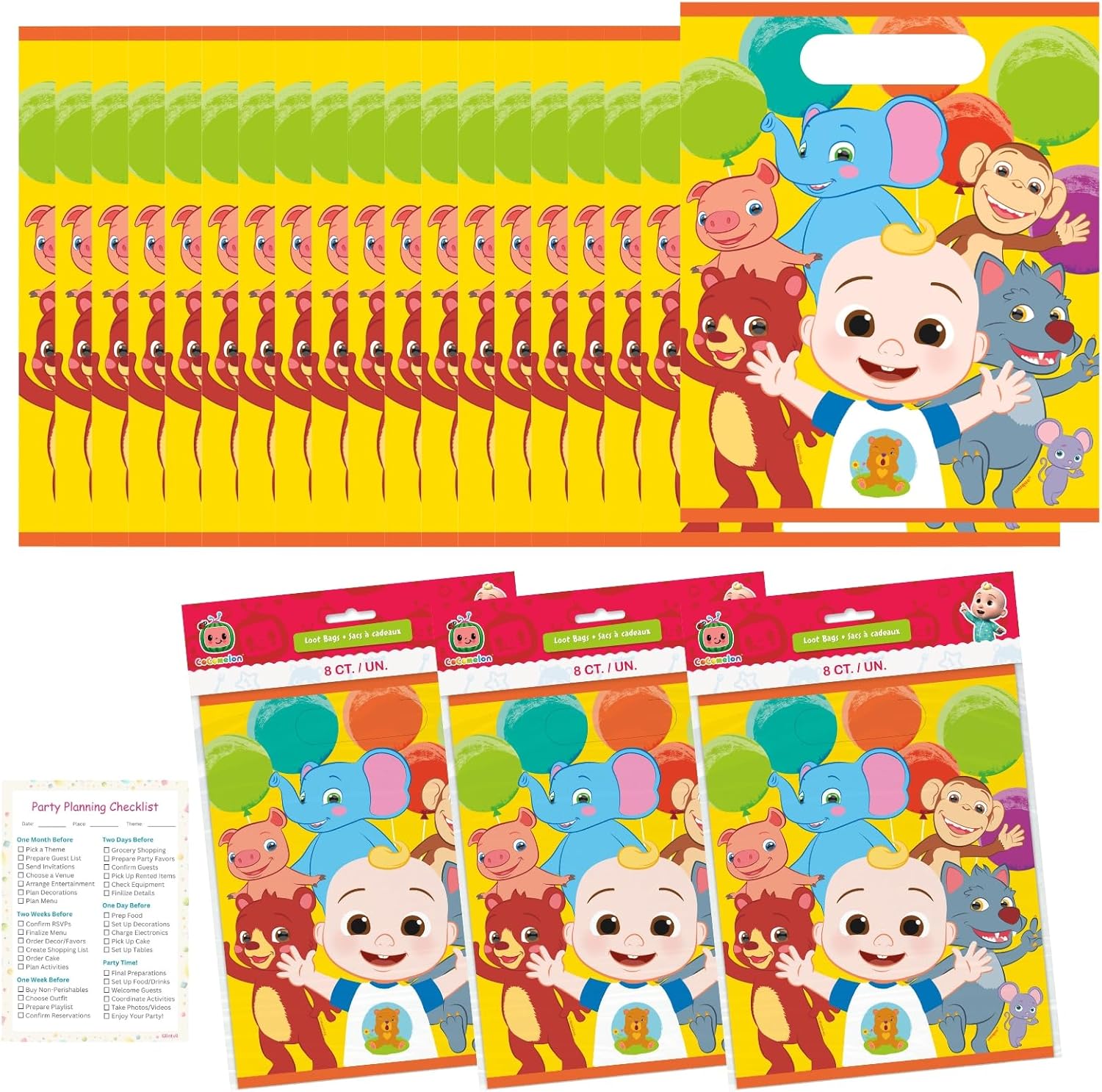 Unique Cocomelon Goodie Bags Set - 24 Plastic Party Favor Bags